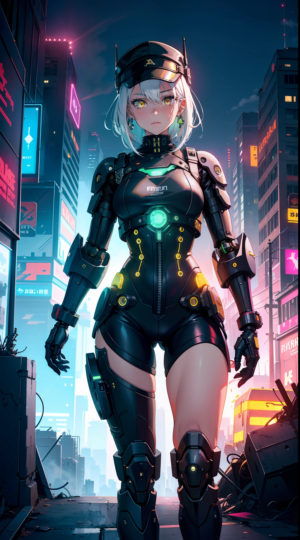 1 Girl, Solo, Colorful, Yellow Eyes, Cyberpunk, Mechanical Scrap Zone, City View, Stud Earrings, White Hair, Mechanical Hat, Mechanical Body, Robotic Arm, Mecha, Robot, Mechanical Maiden, Neon Lights, Beautiful Lights, Character Focus, CG Illustration, Bust Shot, 8k Resolution, Very Detailed, Anatomically Correct, Digital Painting, Concept Art, Clear Picture