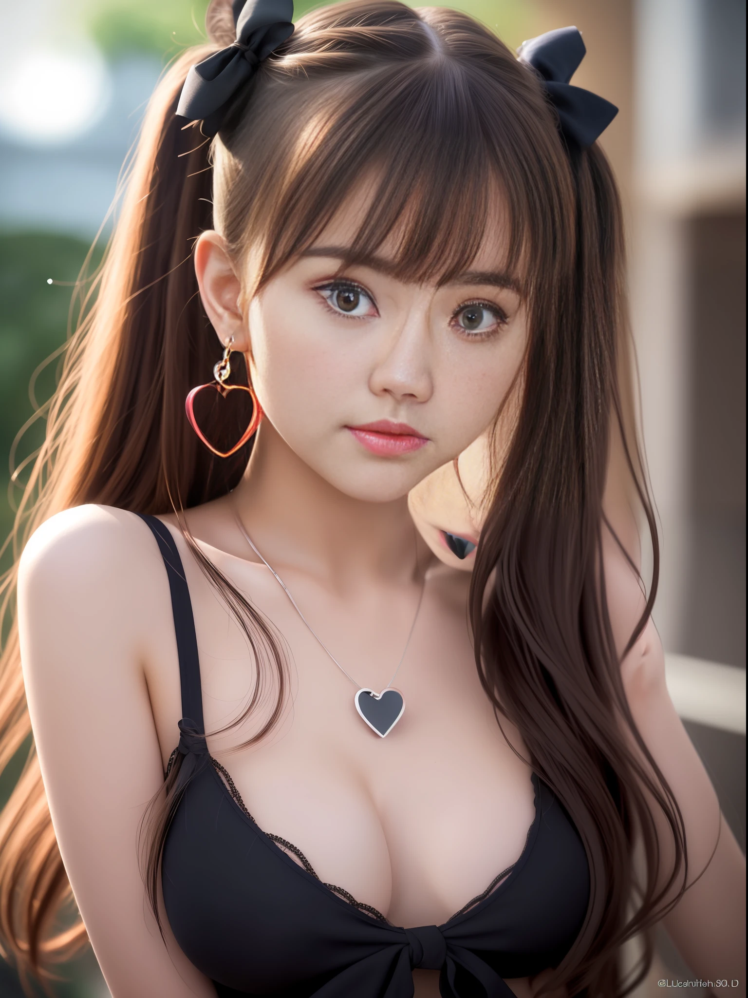 (4k, Best Quality, High Resolution:1.1), (Realistic, Photorealistic:1), Cute Girl With Flat Breasts, Backwards, Asuka Flat, (Cute:1.8), Cuties, Solo, (Flat Breasts:1.2), Detailed Black Eyes,Innocent Eyes, Blushing, Random Costumes, Masterpieces, Beautiful Lighting, Cinema Lights, Film Grain, Jewelry, Heart-Shaped Necklace, earrings, bangs, cherry lips, hair ribbon, ribbon, bow, hair bow, twin tails, gazing at the viewer, long hair, upper body, open lips, upper teeth, (smiling eyes:0.6), depth of field, blurred background, eye focus, bokeh, 85mm lens, f/1.4 , professional lighting, photon mapping, radiosity, physically based rendering, high detail,