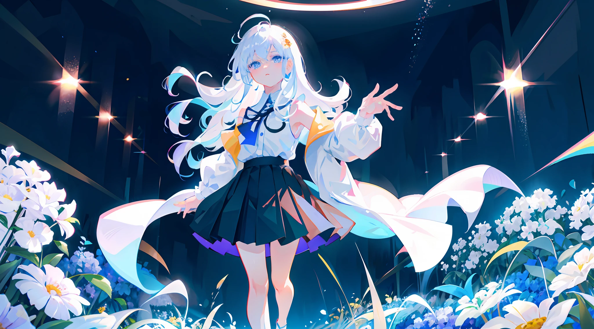 Best quality, super high resolution, (realism: 1.4), 1 woman, sleeveless white button-down shirt, black skirt, black collar, (Kpop idol), (aegyo sal:1), (white gold: 1), (puffy eyes)), looking at the audience, full body, flowers, blue eyes, long hair