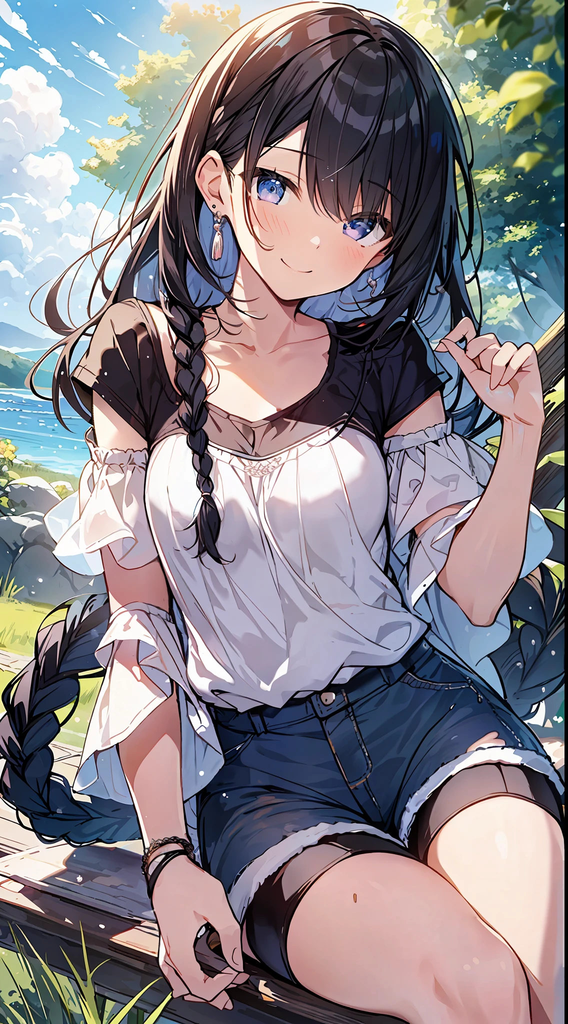 Top Quality, Masterpiece, Ultra High Definition, 8K, Summer Sky, Early Summer, ((Short Sleeves, Shorts)), Shojo Manga Style Loli, One, Soft Line Art, Digital Enhancement, Shojo Manga Touch, Shojo Manga Core, Flowing Fabric, Close Up, (Shoulder-length and short braid)), Wet hair, Staring at us from the front, Soft drawing, Beautiful black hair, Clear eyes, ( Teasing smile)), ultra-detailed digital anime art, clear face depiction, ultra-detailed shoujo manga character art, ultra-detailed manga style, top quality colors, hand gestures, angle to see up to your feet, landscape with nature, looking up at the sky