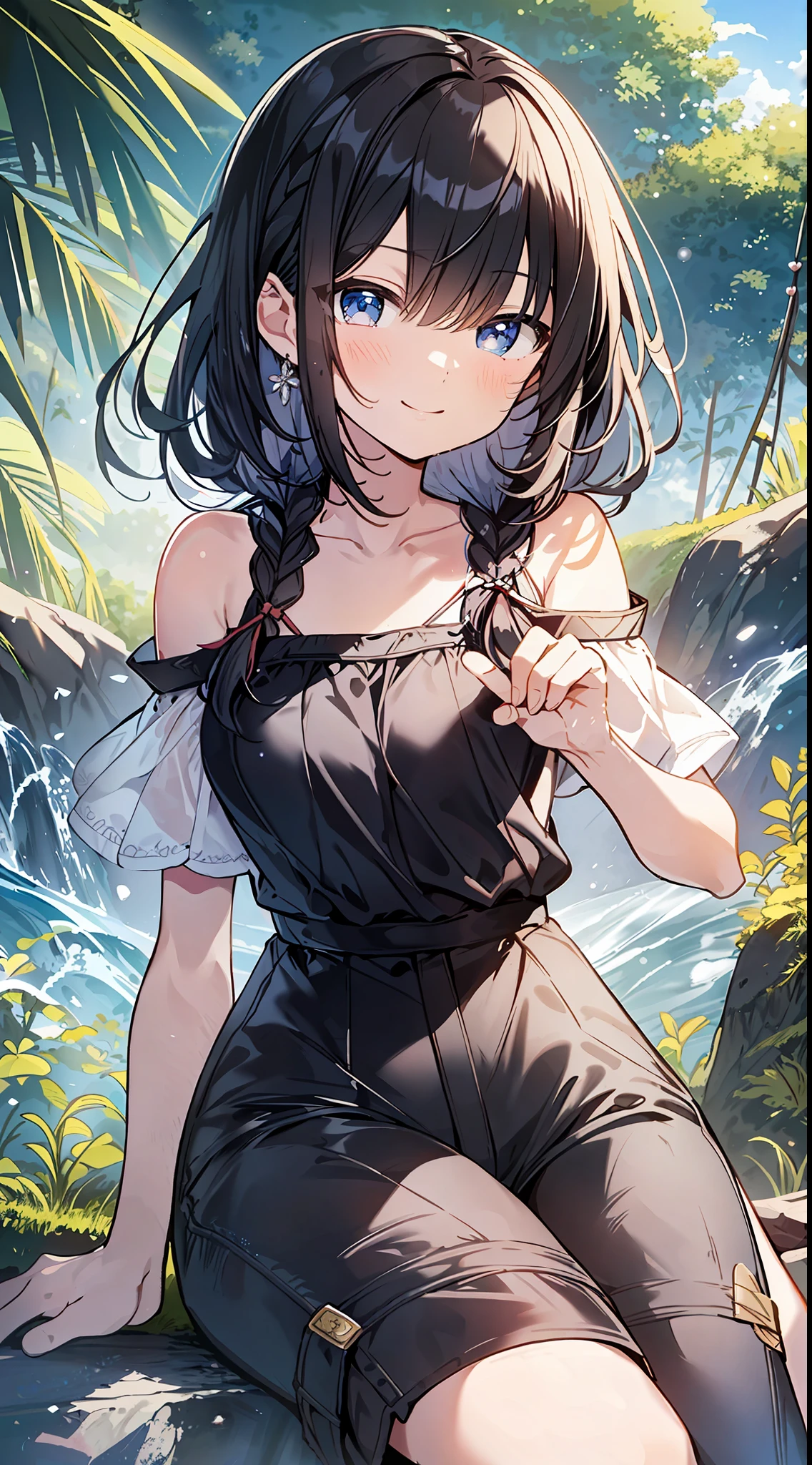 Top Quality, Masterpiece, Ultra High Definition, 8K, Summer Sky, Early Summer, ((Short Sleeves, Shorts)), Shojo Manga Style Loli, One, Soft Line Art, Digital Enhancement, Shojo Manga Touch, Shojo Manga Core, Flowing Fabric, Close Up, (Shoulder-length and short braid)), Wet hair, Staring at us from the front, Soft drawing, Beautiful black hair, Clear eyes, ( Teasing smile)), ultra-detailed digital anime art, clear face depiction, ultra-detailed shoujo manga character art, ultra-detailed manga style, top quality colors, hand gestures, angle to see up to your feet, landscape with nature, looking up at the sky
