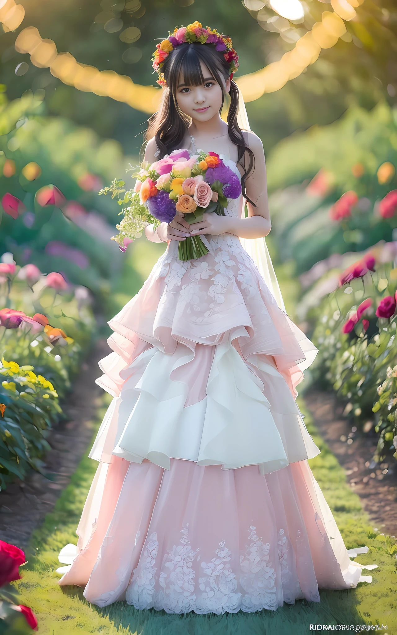 (((((Full body photo)))),((Slim body)))),20 years old, twilight rays, rose-patterned wedding dress, flower crown, (((Tokugawaen))), rose front bokeh, bokeh, photorealistic, surrounded by colorful roses, ((smiling)))))), (1 girl), (sunset:1.3), (8k, RAW photo, best quality, masterpiece:1.2), (real, Photorealistic:1.37), Best Quality, Ultra High Definition, (Standing in the Flower Garden:1.3), (Vibrant and Colorful:1.3)