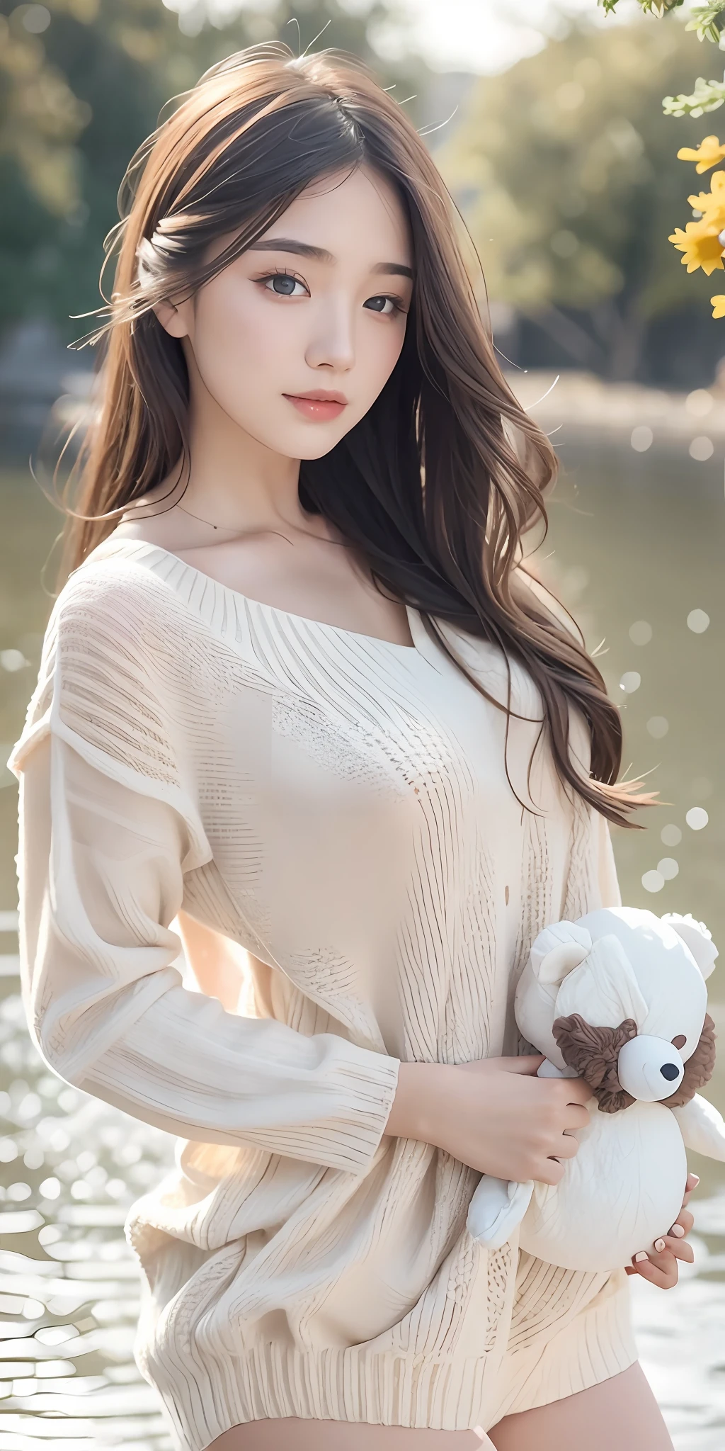 1girl walking on the river, mix4, sweater, pillow, lips, open_mouth, realistic, photo_\(medium\), solo, stuffed_animal, stuffed_toy, teddy_bear,(masterpiece),(photorealistic:1.3), ultra-detailed, (high detailed skin:1.2),(best quality:1.0), (ultra highres:1.0), (ulzzang-6500:0.3), wavy detailed hair, long hair, sunshine, (beautiful detailed makeup), (sexually aroused blushing heavy breathing:1.0), floral theme flower petals scattered, (soft glow bloom:0.5)