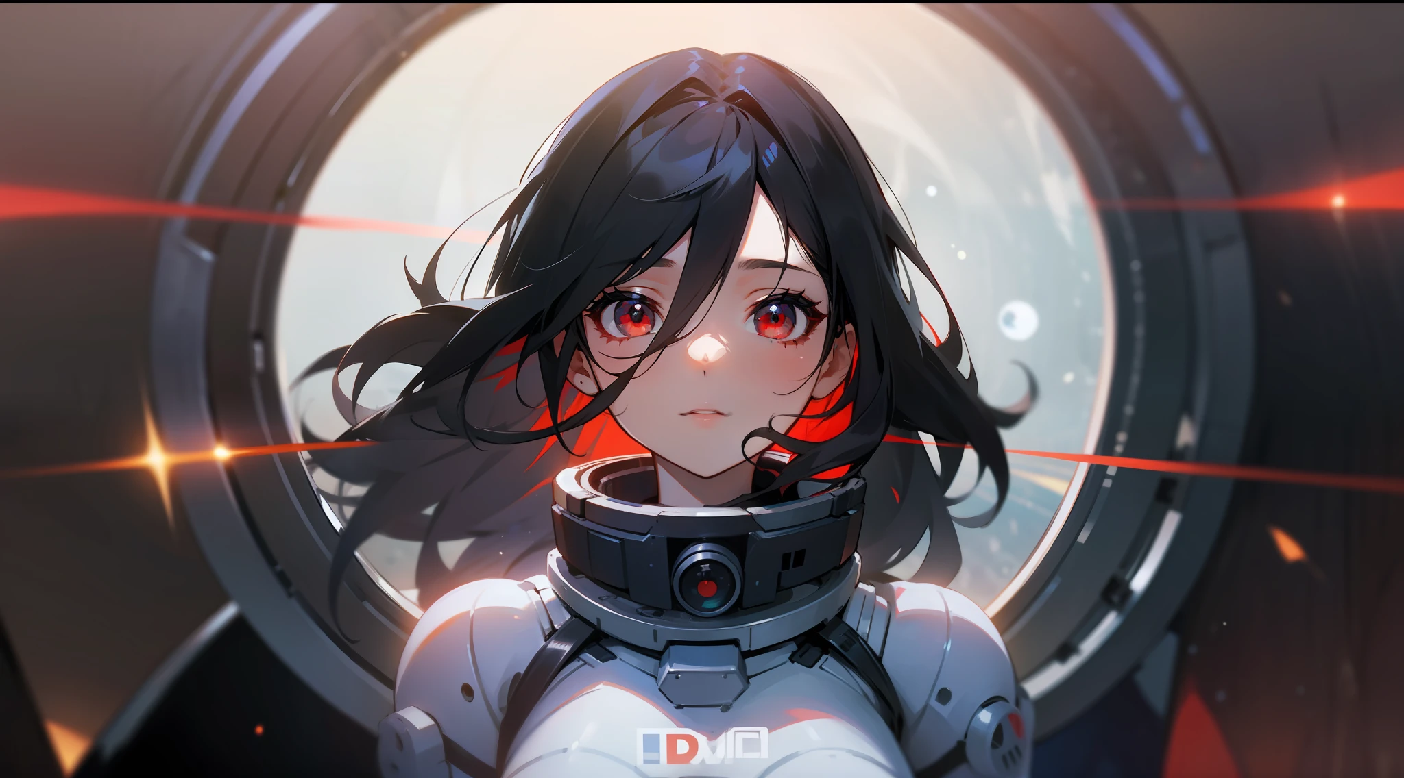 1girl, flat chest, cute, beautiful and detailed eyes, life on the space station, mirror props, shiny hair, visible through hair, hair between the eyes, white monochrome, , Soviet Union, communism, black hair, red eyes, vampires, girl, poor breasts, space suit: blurred foreground, HD, depth of field, bokeh, bust, medium shot, 56mm lens