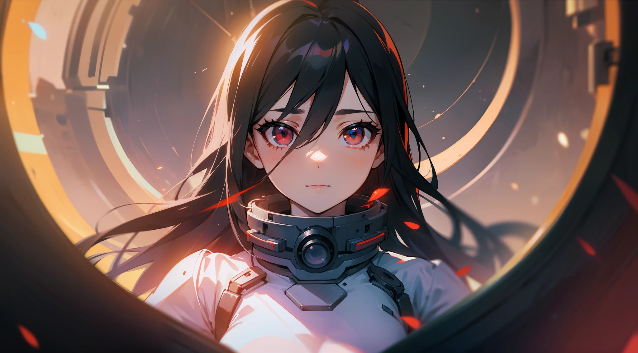 1girl, flat chest, cute, beautiful and detailed eyes, life on the space station, mirror props, shiny hair, visible through hair, hair between the eyes, white monochrome, , Soviet Union, communism, black hair, red eyes, vampires, girl, poor breasts, space suit: blurred foreground, HD, depth of field, bokeh, bust, medium shot, 56mm lens
