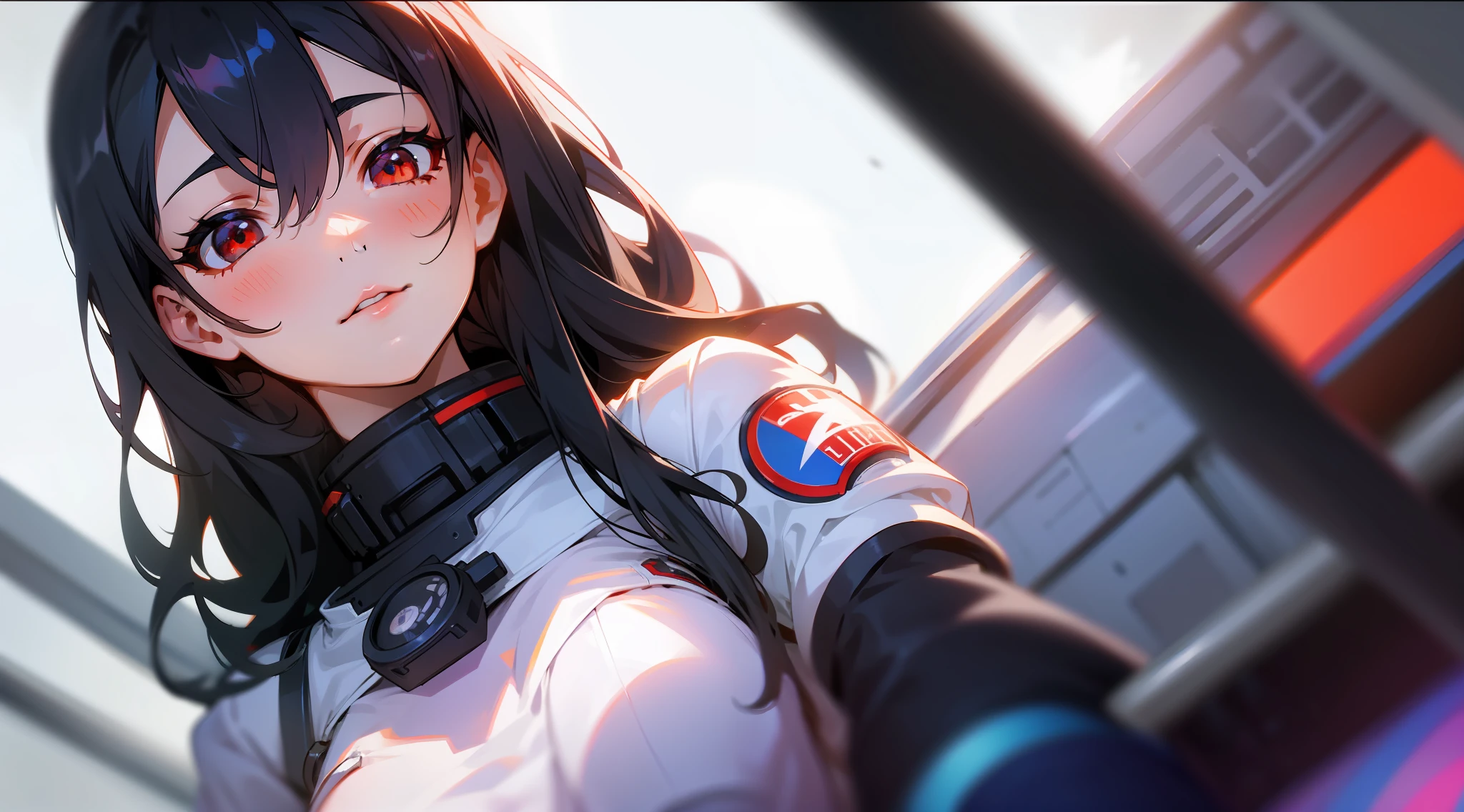 1girl, flat chest, cute, beautiful and detailed eyes, life on the space station, mirror props, shiny hair, visible through hair, hair between the eyes, white monochrome, , Soviet Union, communism, black hair, red eyes, vampires, girl, poor breasts, space suit: blurred foreground, HD, depth of field, bokeh, bust, medium shot, 56mm lens