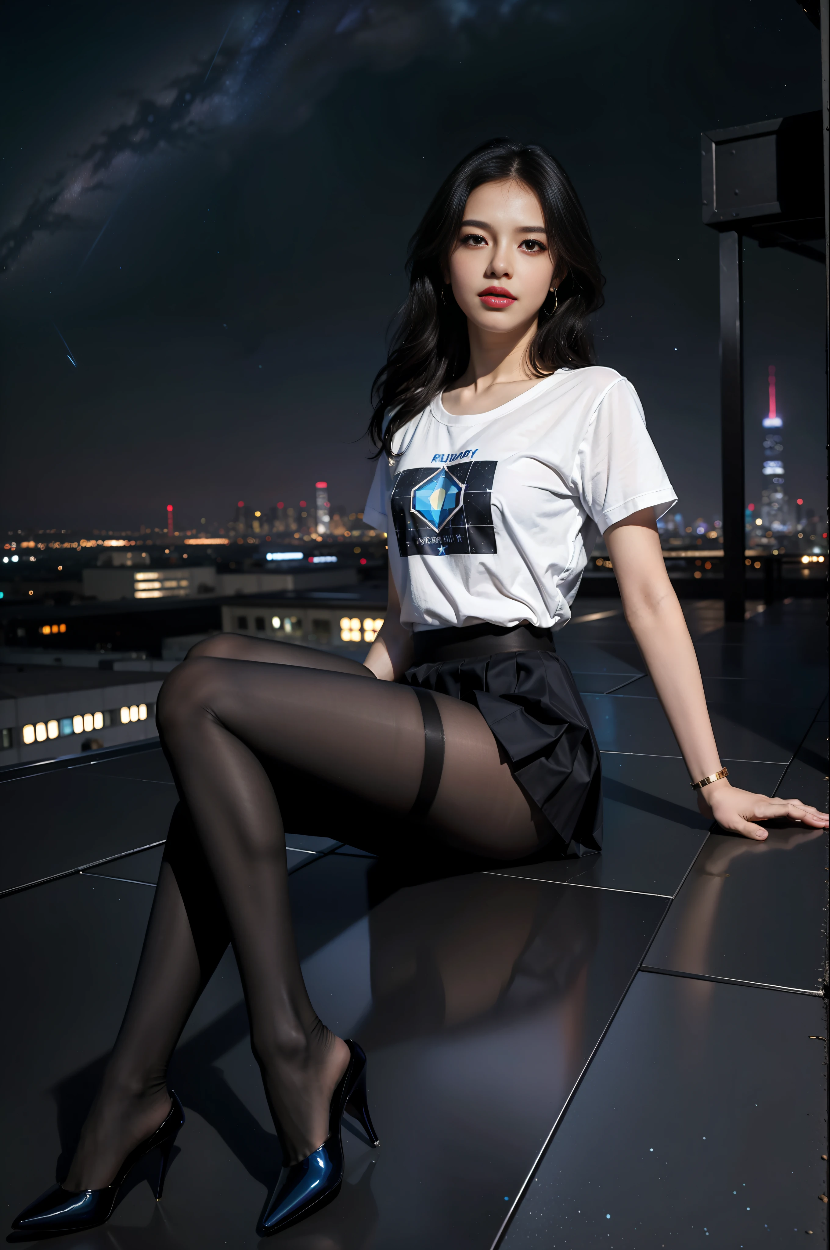 Best quality , masterpiece , ultra high res , ( photorealistic :1.4).( starry sky :1.3),1boy. shiny skin ,( straddling :1.2), on the rooftop .( the city cyberpunk background :1.1), bule shirt | pleated skirt .( black pantyhose :1.2), full body , feet , intricate details , Edge light , dramatic angle .( dynamic pose :1.2), depth of field .( side viewer :1.2),
