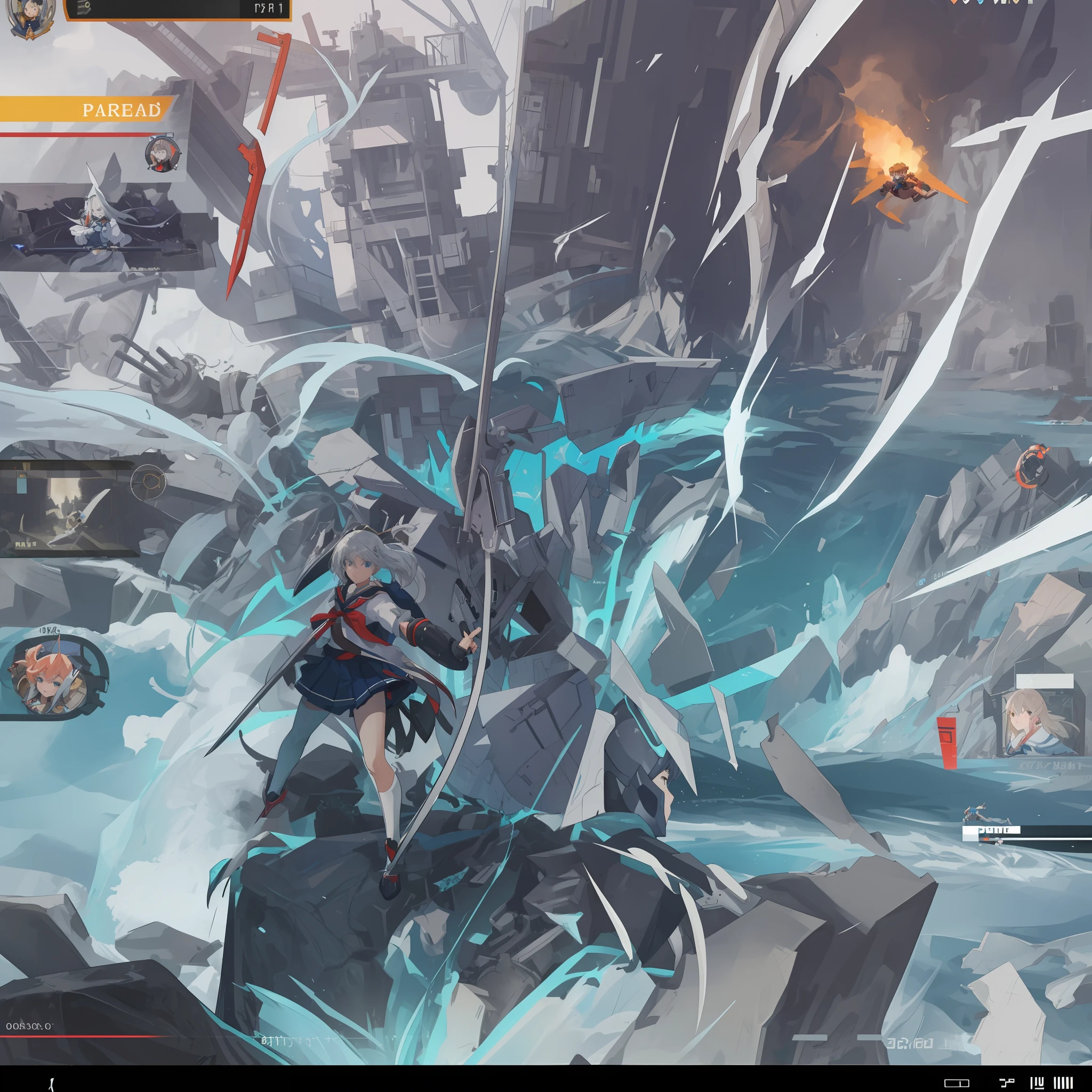 arafed image of a girl in a school uniform holding a sword, in-game, in - game, gameplay screenshot with ui, in - game screen shot, battroid mode, gear aurora, screen capture, pc screenshot, ingame image, kantai collection arcade, insanity girl summon her death, hd screenshot, inspired by Li Chevalier, screen cap
