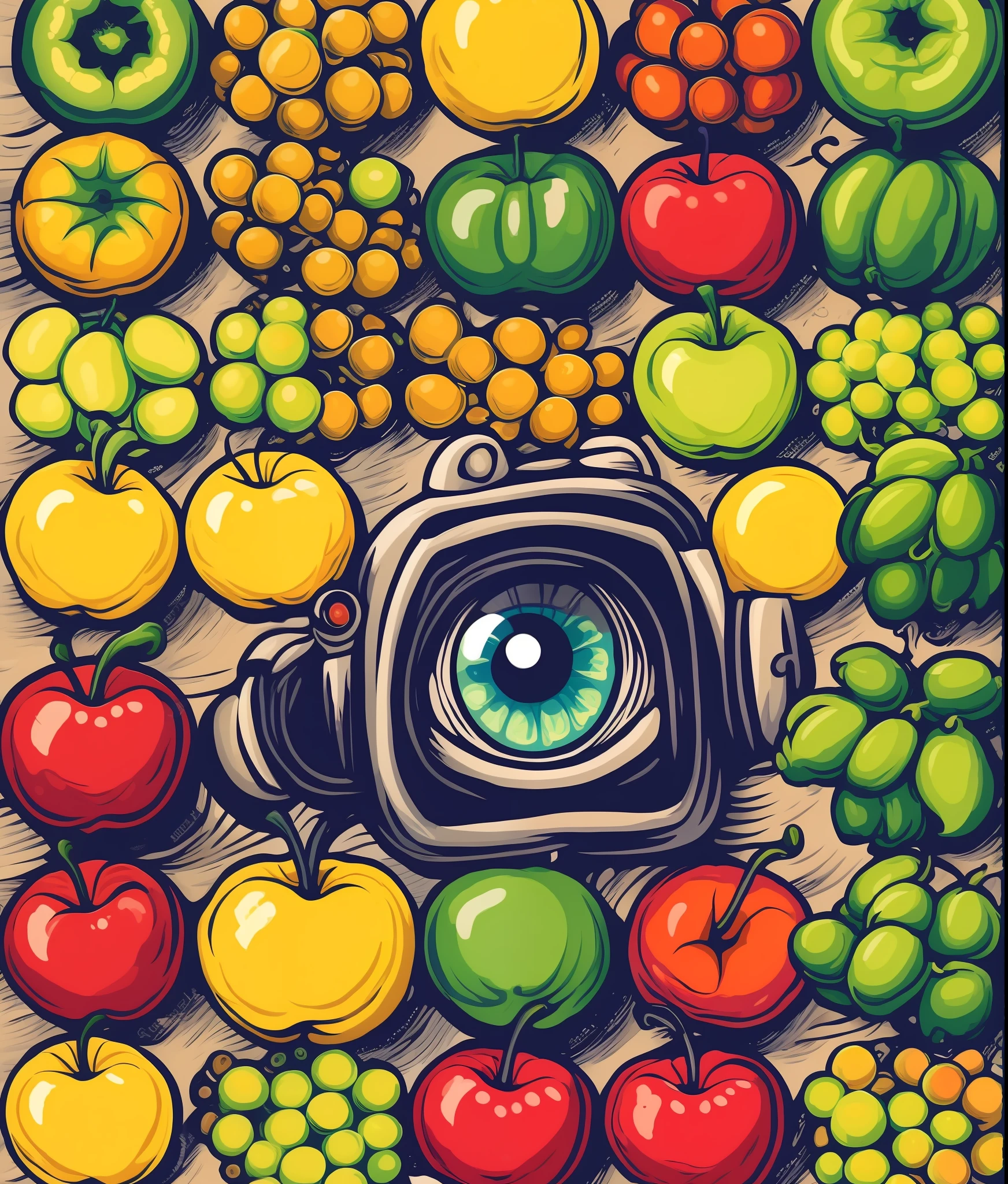 hands, colorful, vintage style, (t-shirt design), masterpiece realistic volumetric light, fruit made by hand, eyes, lots of eyes