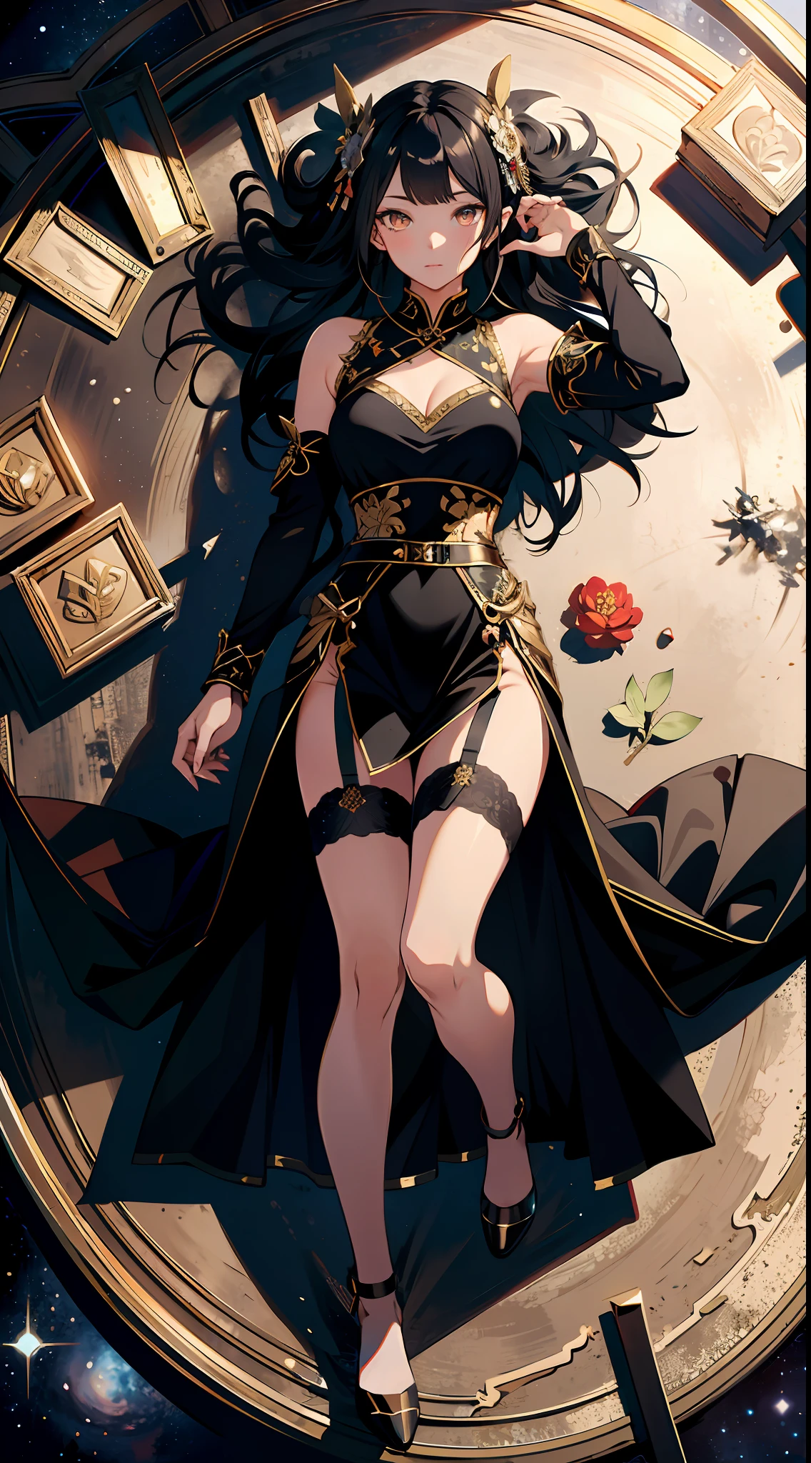 absurd res, high res, (masterpiece:1.4), ultra-detailed, 1girl, from above, space, floating, Chinese dress, black dress, stockings, black hair, golden eyes, long dress, leg slit dress, garter belt,