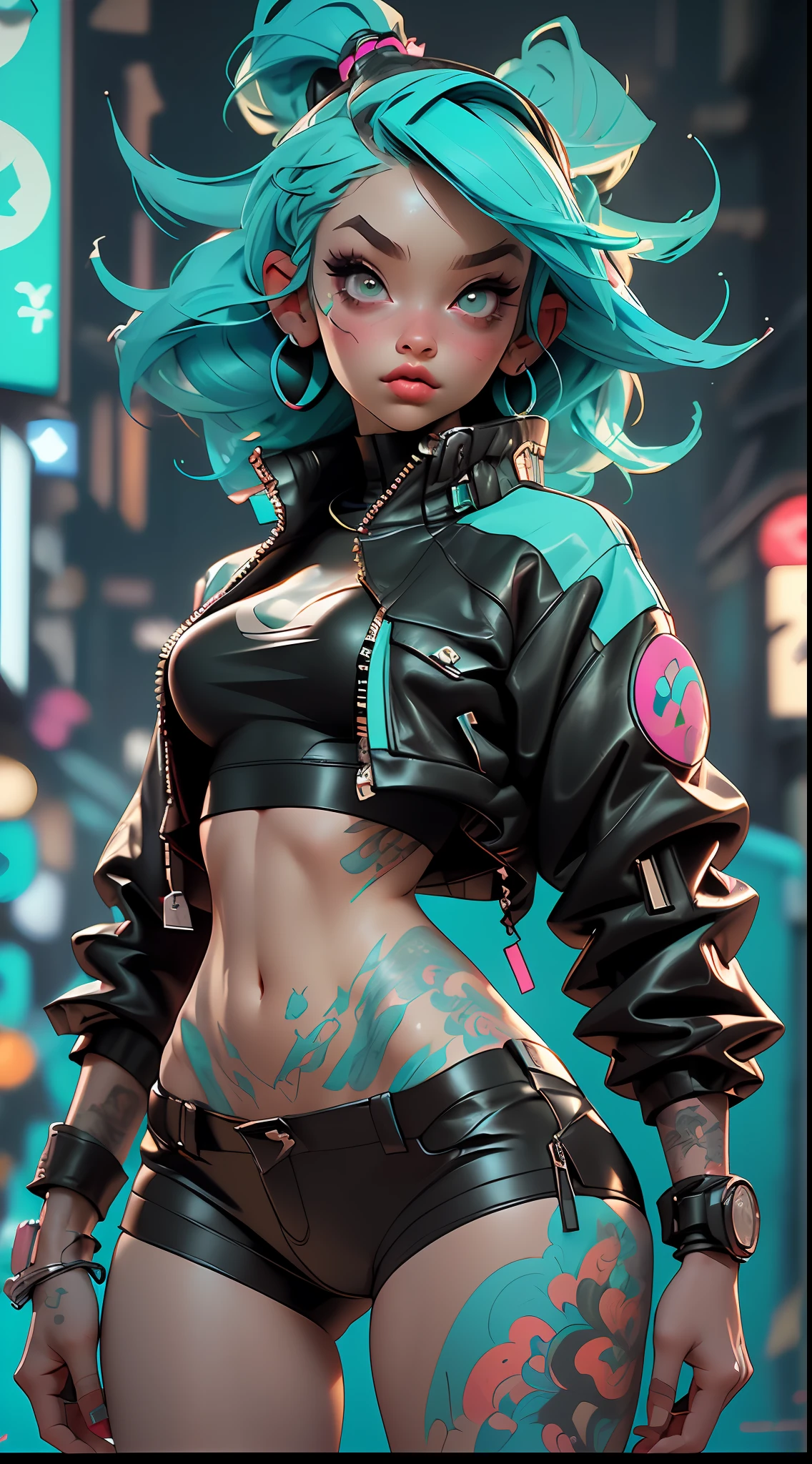 ((Best Quality)), ((Masterpiece)), ((Realistic)) and ultra-detailed photography of a 1nerdy girl with goth and neon colors. She has ((turquoise hair)), wears a techwear jacket and exudes a vibe ((beautiful and aesthetic)), sexy, underboobs, hot