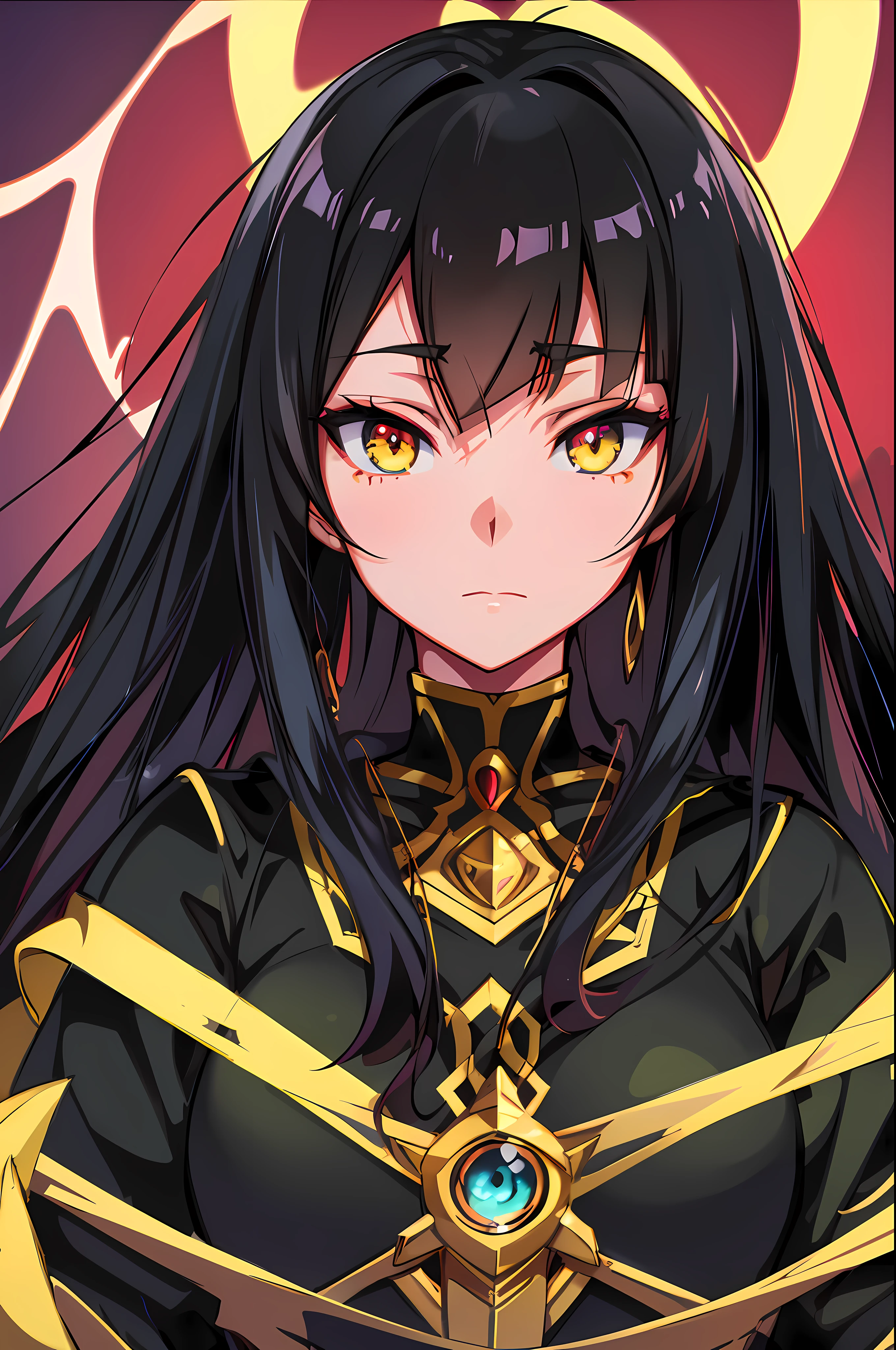 anime image of a woman with long black hair and yellow eyes, vanitas, black anime pupils in her eyes, close up of a young anime gir, cel shaded anime, with glowing yellow eyes, close up, anime still image, anime still