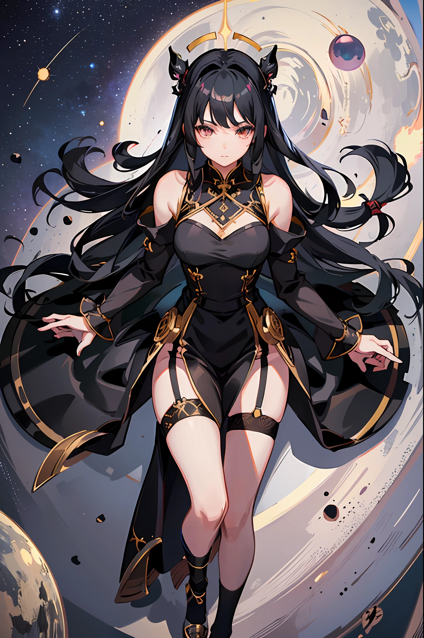 absurd res, high res, (masterpiece:1.4), ultra-detailed, 1girl, from above, space, floating, Chinese dress, black dress, stockings, black hair, golden eyes, long dress, leg slit dress, garter belt,