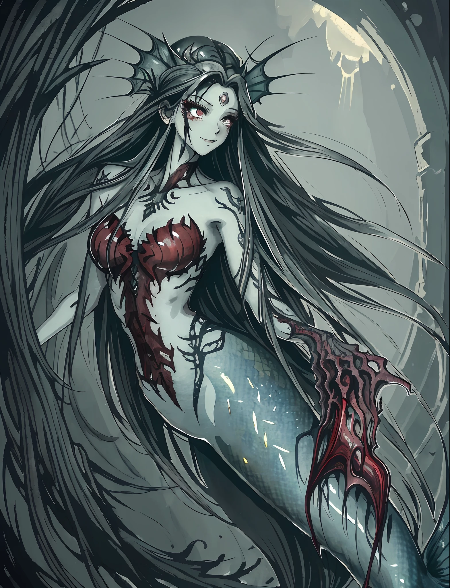 (masterpiece, best quality:1.2),bloody, beautiful face,(Gray\green skin),mermaid, horror art, blood, highly detailed, {best quality}, {{depth of field}}, illustration, solo, sharp focus, {{character {1 girl }},black straight hair,(hair is straight and loose), beautiful detailed eyes, sharp teeth, {looking at viewer},{masterpiece illustration},full body, normal angle,horror art, creepy, beautiful form of chaos, elegant, dull colors, romanticism,an evil mermaid siren, maniacal smile, atmospheric, death, decay,