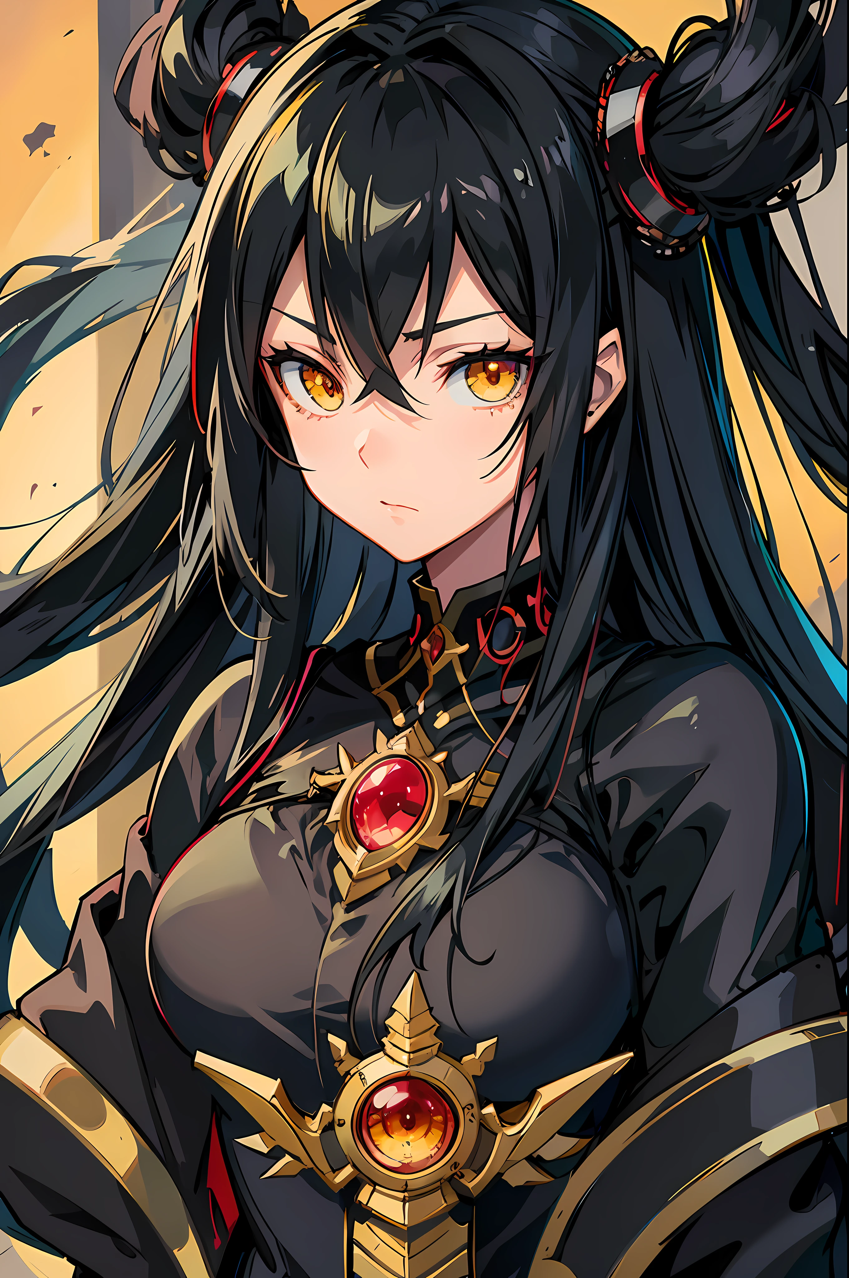 anime image of a woman with long black hair and yellow eyes, vanitas, black anime pupils in her eyes, close up of a young anime gir, cel shaded anime, with glowing yellow eyes, close up, anime still image, anime still