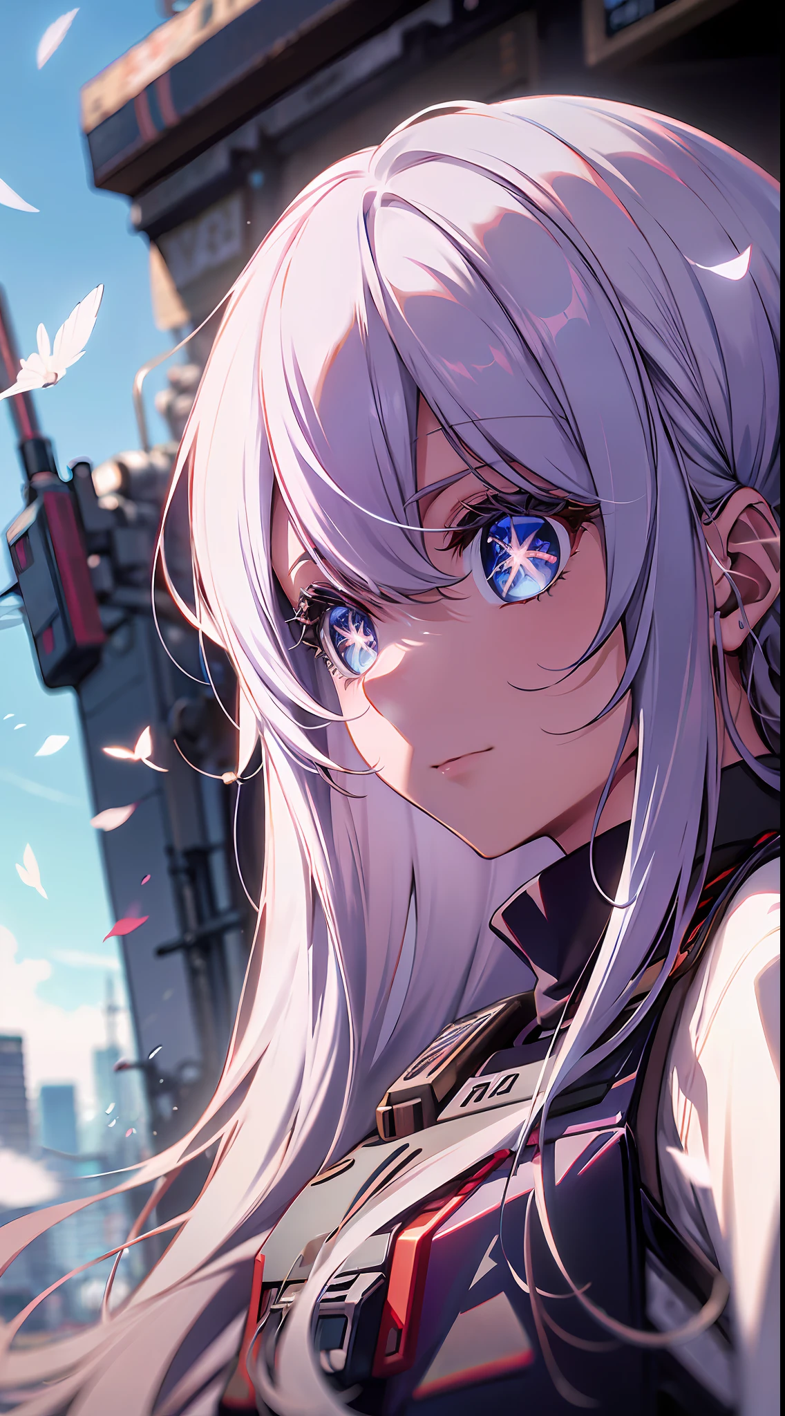 looking up, white hair, blue eyes, shining eyes, sniper rifle, suit, long hair fluttering in the wind, perfect composition, 8k