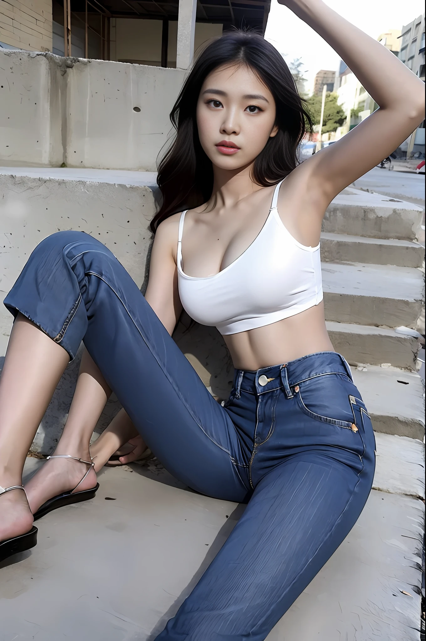 Girl in white bra and tight denim skirt posing for photo, full body, with cropped T-shirt, bra, slim body, smaller bust, slim girl model, 24-year-old female model, lying on the construction site, a group of black men onlooking