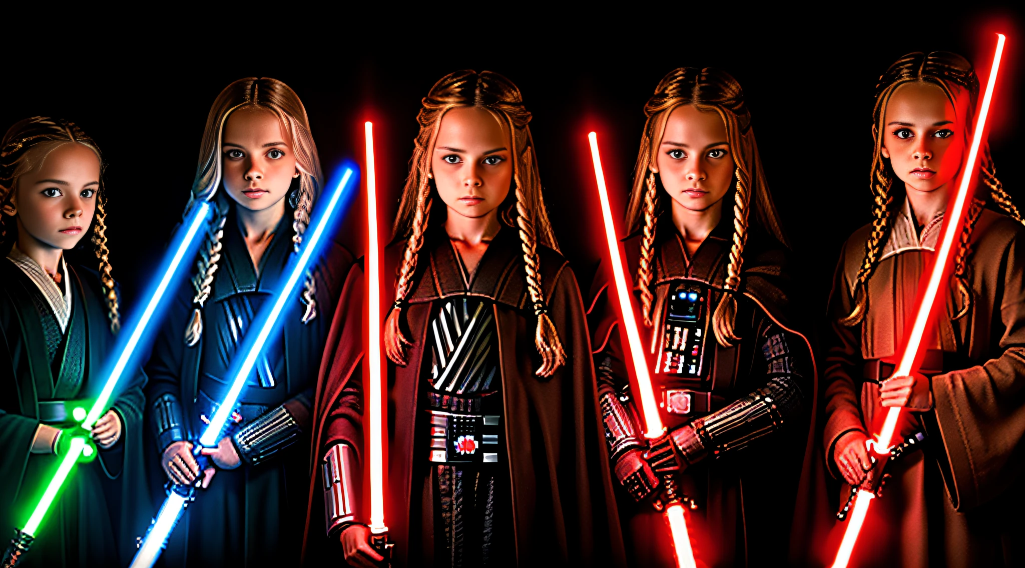 4 GIRLS Russian children with 20 years WITH LONG STRAIGHT BLONDE HAIR WITH BRAIDS, PORTRAIT STYLE, , CLOSEUP standing in a dark room with a red lightsaber, Sith Lord. Dramatic lighting, 4 k lightsaber wallpaper, holding the lightsaber.