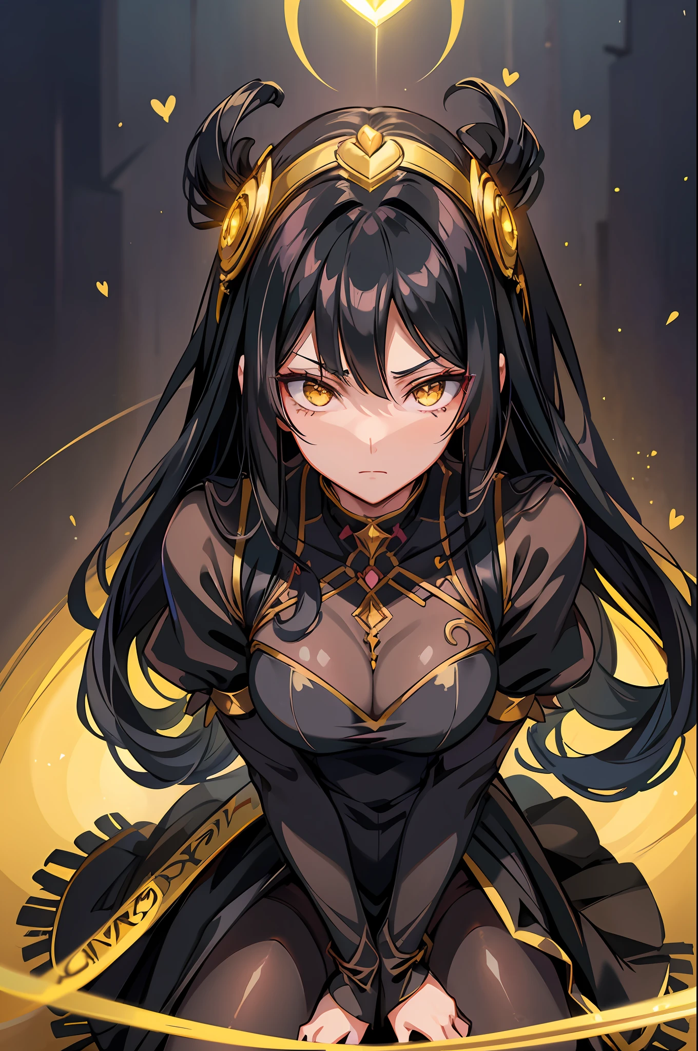 anime image of a woman with long black hair and yellow eyes, vanitas, black anime pupils in her eyes, close up of a young anime gir, cel shaded anime, with glowing yellow eyes, close up, anime still image, anime still, full body, black pantyhose, leg slit dress, Long dress, shining yellow eyes, heart shaped pupils