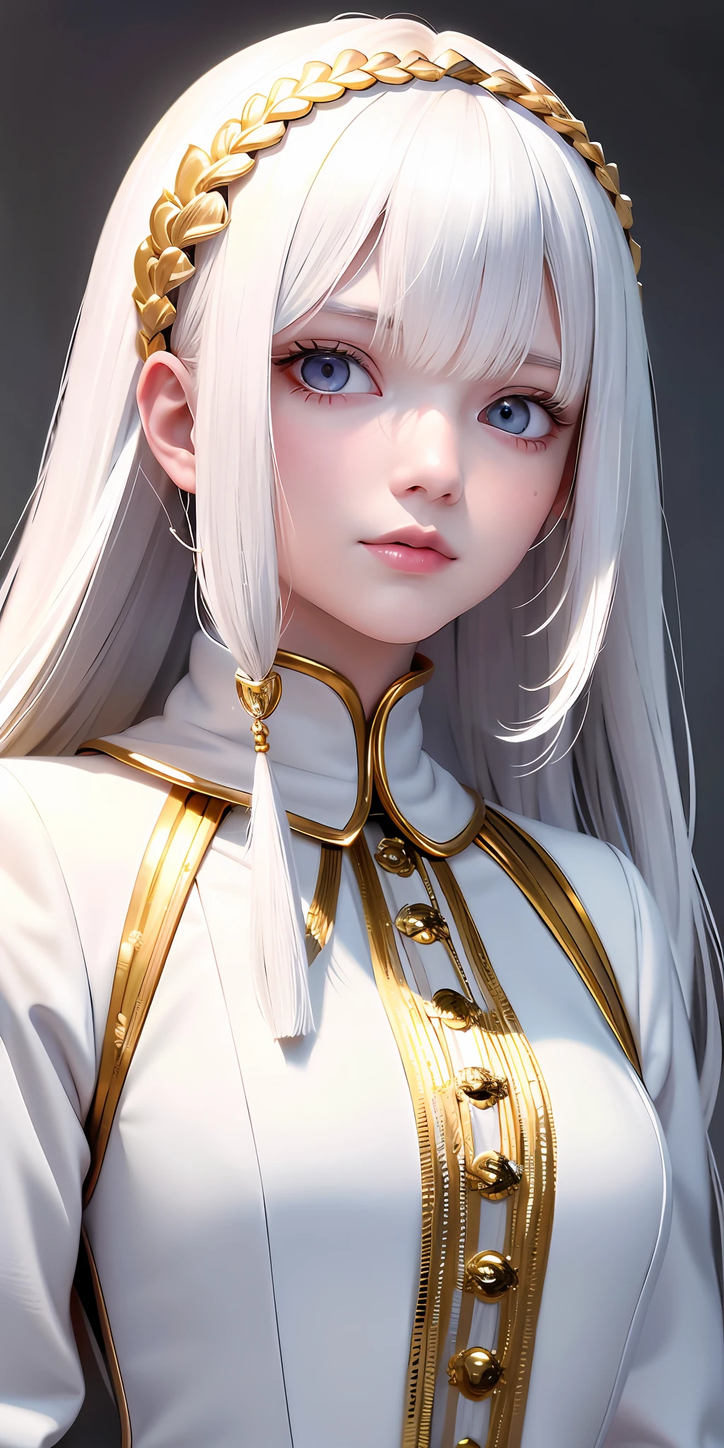best quality, masterpiece,white hair, gold eyes,white clothes, looking up, upper body,hair strand,Fair skin,side braids