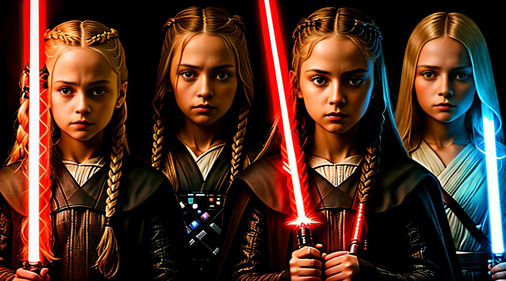 4 GIRLS Russian children with 20 years WITH LONG STRAIGHT BLONDE HAIR WITH BRAIDS, PORTRAIT STYLE, , CLOSEUP standing in a dark room with a red lightsaber, Sith Lord. Dramatic lighting, 4 k lightsaber wallpaper, holding the lightsaber.