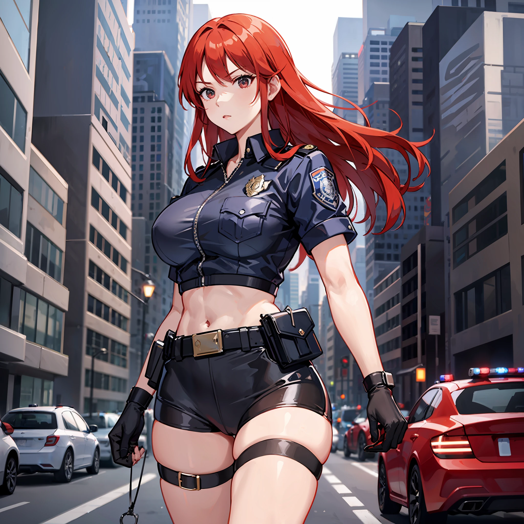 Police outfit, woman, red hair, black eyes, dynamic pose, serious, in the city, police car, athletic body, cop costume
