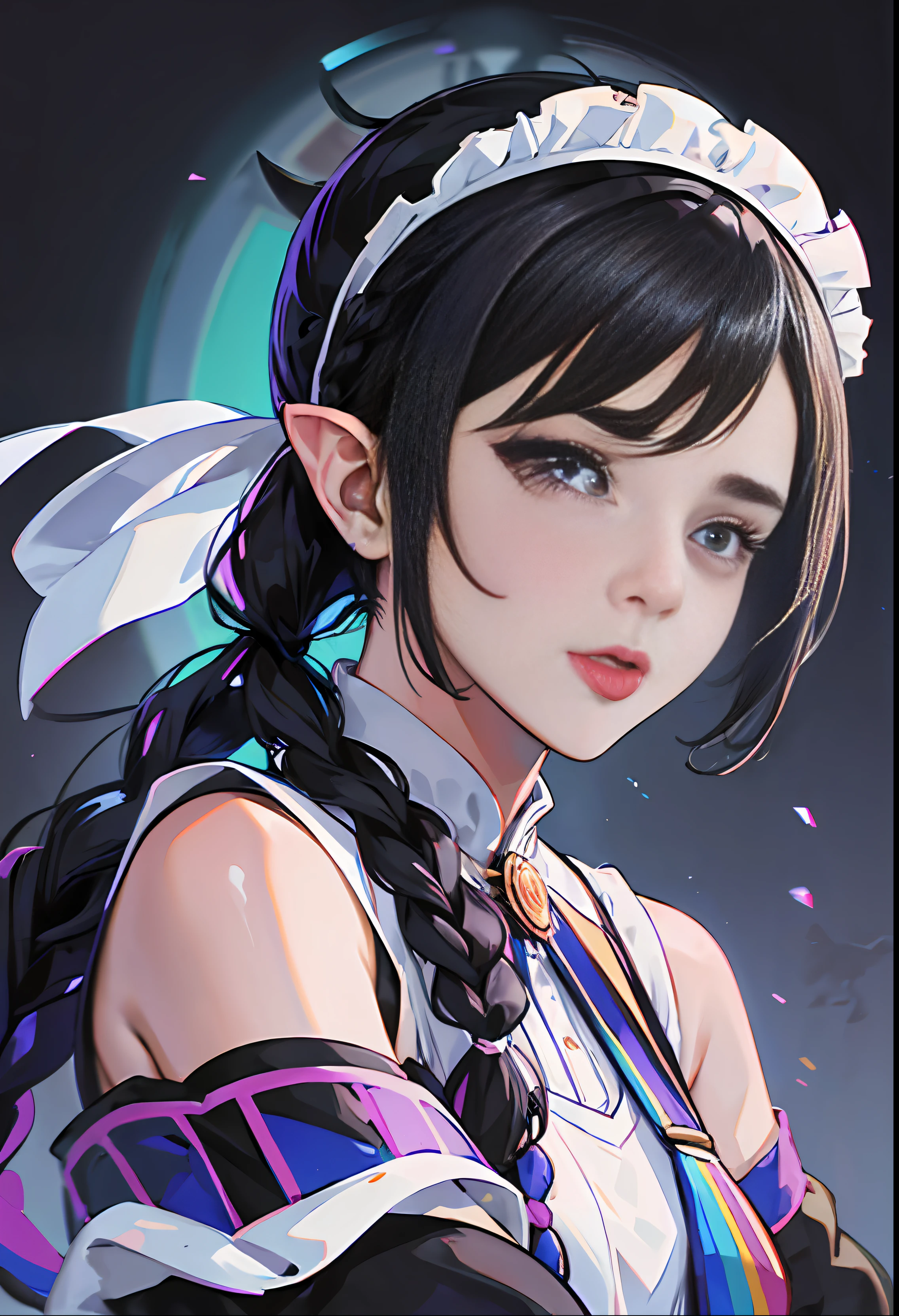 Mastepis, Vest, Quality, 1 Girl, Black Hair, Braided Ponytail, Maid Headdress, (((Full Body Hose)) Hollow Eyes, Bull Ears, Tongue, V-Eyebrows, Vignetting, JPEG Artifacts, Chromatic Aberration, Chiaroscuro, Glowing Light, Chromatic Aberration, Drop Shadow, f/1.2, 85mm, Canon --auto --s2