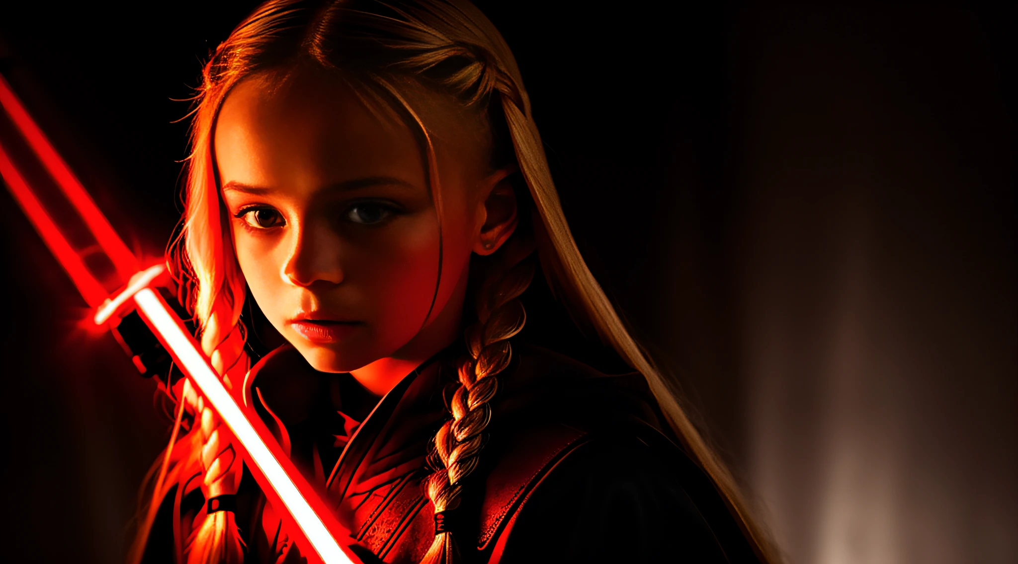 RUSSIAN GIRL 10 YEARS OLD WITH LONG STRAIGHT BLONDE HAIR WITH BRAIDS, PORTRAIT STYLE, CLOSEUP, CLOSEUP standing in a dark room with a red lightsaber, Sith Lord. Dramatic lighting, 4 k lightsaber wallpaper, holding the lightsaber.