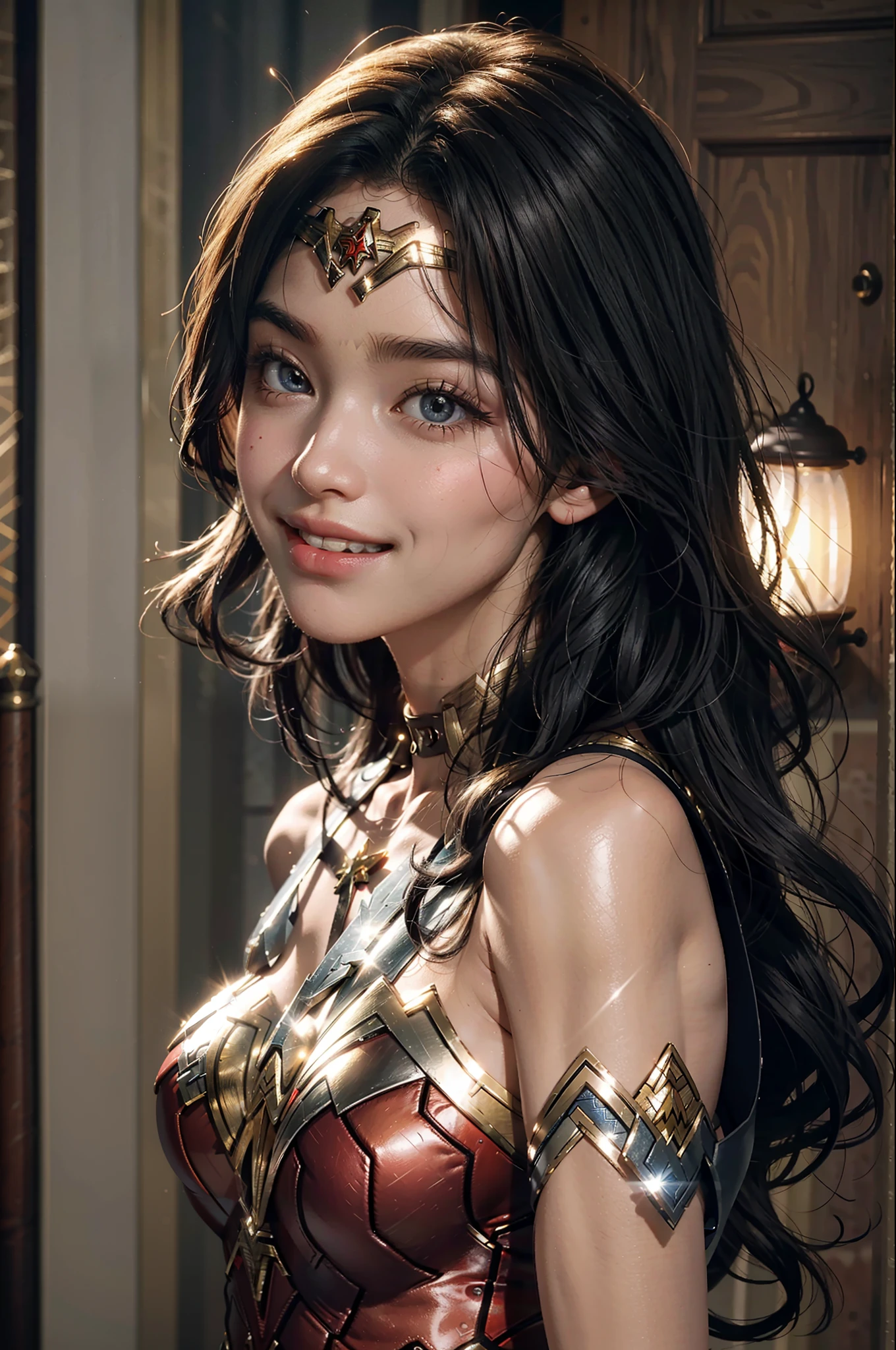 Best Quality, Masterpiece, Super High Resolution, 1girl, Wonder Woman, Glowing Skin, Light Smile,