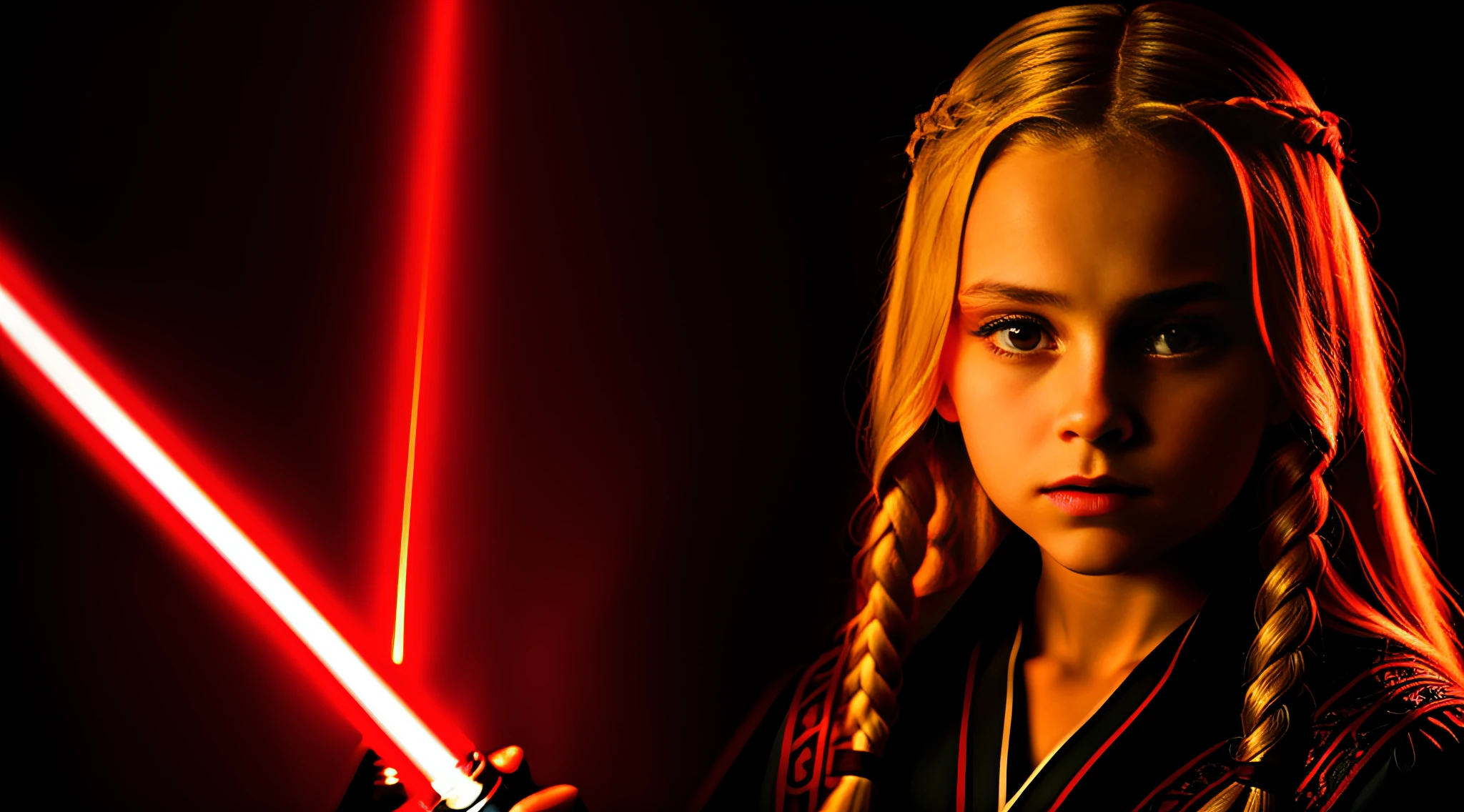 RUSSIAN GIRL 10 YEARS OLD WITH LONG STRAIGHT BLONDE HAIR WITH BRAIDS, PORTRAIT STYLE, CLOSEUP, CLOSEUP standing in a dark room with a red lightsaber, Sith Lord. Dramatic lighting, 4 k lightsaber wallpaper, holding the lightsaber.