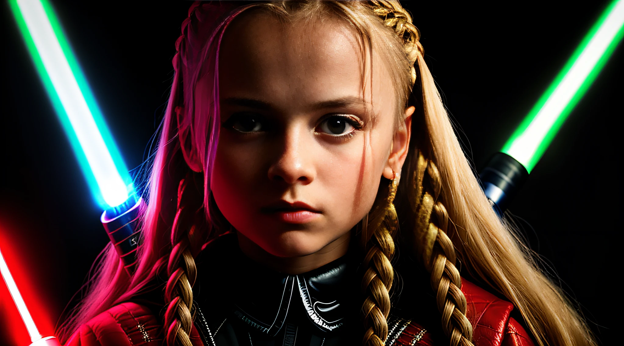 RUSSIAN GIRL WITH LONG STRAIGHT BLONDE HAIR WITH BRAIDS, PORTRAIT STYLE, CLOSEUP, CLOSEUP standing in a dark room with a red lightsaber, Sith Lord. Dramatic lighting, 4 k lightsaber wallpaper, holding the lightsaber.