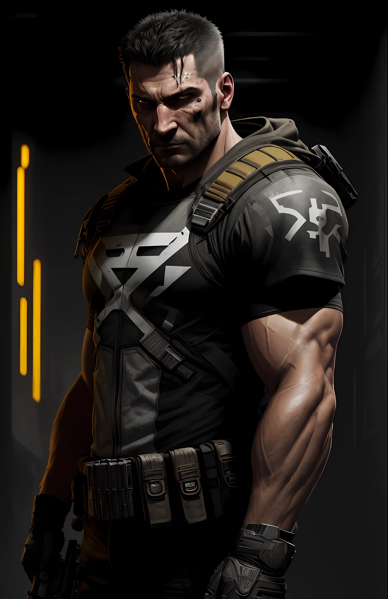 (dark shot: 1.1), epic realistic, Punisher from Marvel, yellow gradient, black, brown and magenta color scheme, grunge aesthetic!!! graffiti tag wall background, art by Greg Rutkowski and artgerm, soft cinematic light, Adobe Lightroom, darkroom, HDR, intricate, highly detailed, (depth of field: 1.4), faded, (neutral colors: 1.2), (hdr: 1.4), (muted colors: 1.2), hyper-detail (artstation: 1.4), cinematic, warm light, dramatic light (complex details: 1.1)