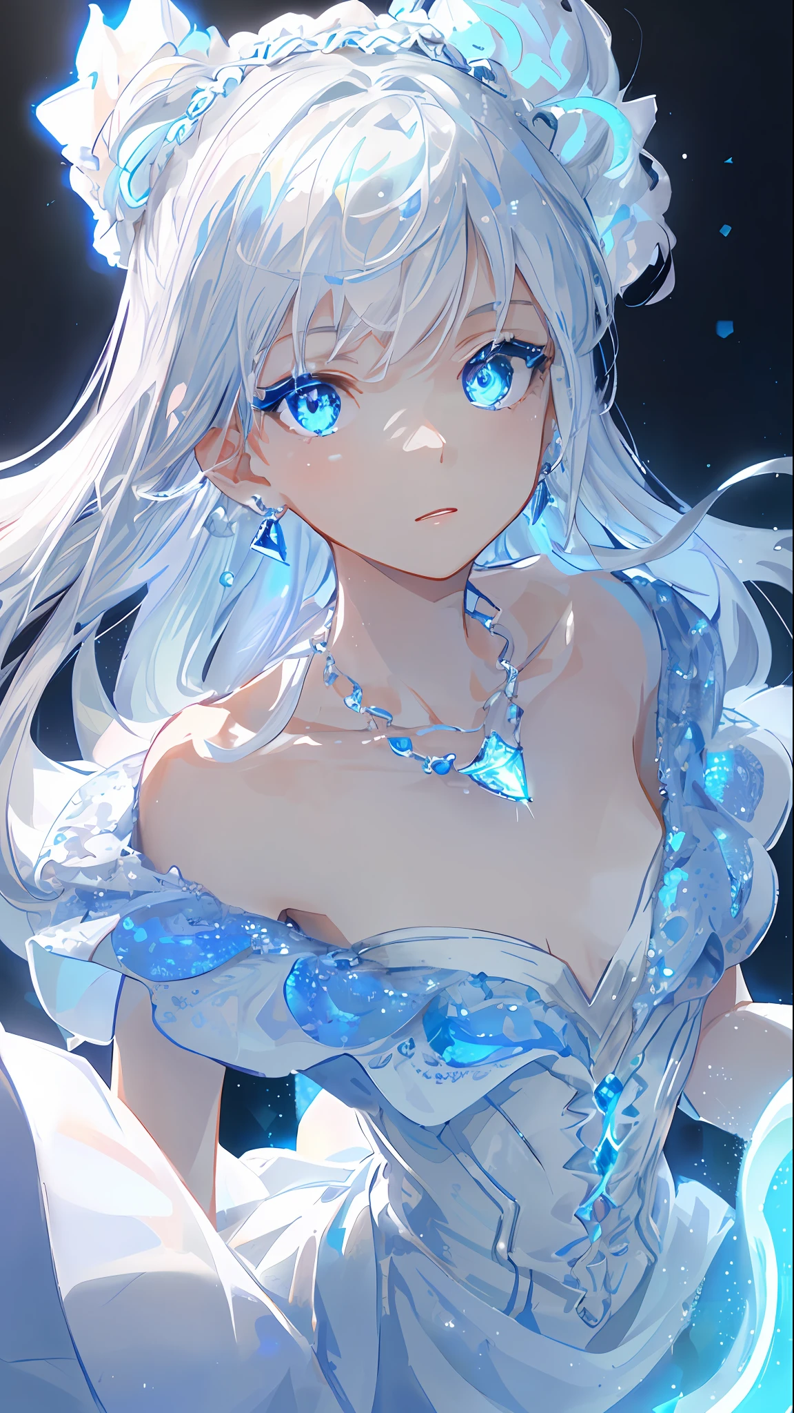 masterpiece, best quality, illustration, sax blue, platinum earrings, platinum necklace, white dress, 1girl, cute, (dynamic lighting:1.2), cinematic lighting, delicate facial features, detailed eyes, sharp pupils, realistic pupils, depth of field, bokeh, sharp focus, (hyper-detailed, bloom, glow:1.4), many small gems