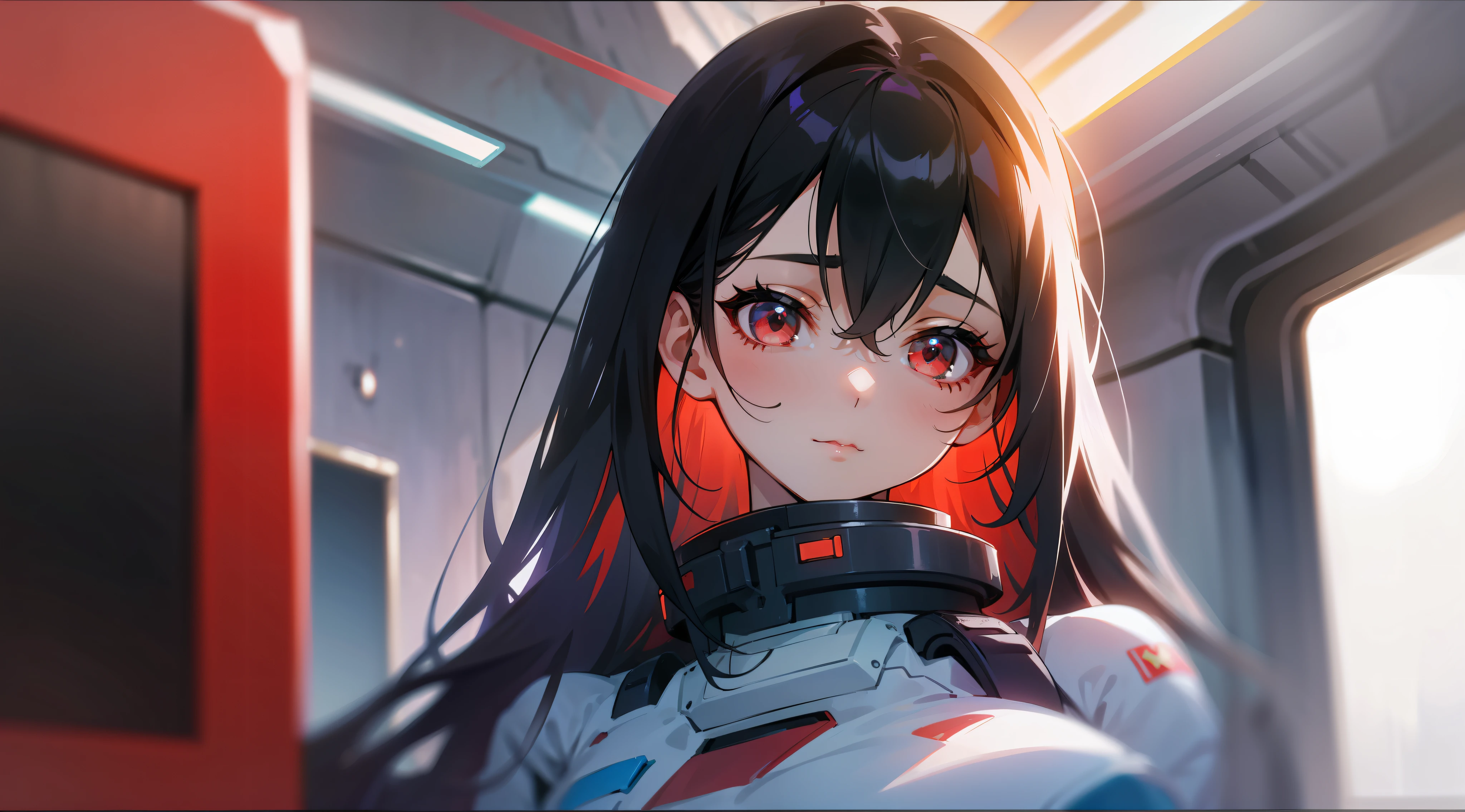 1girl, flat chest, cute, beautiful and detailed eyes, life on the space station, mirror props, shiny hair, visible through hair, hair between the eyes, white monochrome, , Soviet Union, communism, black hair, red eyes, vampires, girl, poor breasts, space suit: blurred foreground, HD, depth of field, bokeh, bust, medium shot, 56mm lens