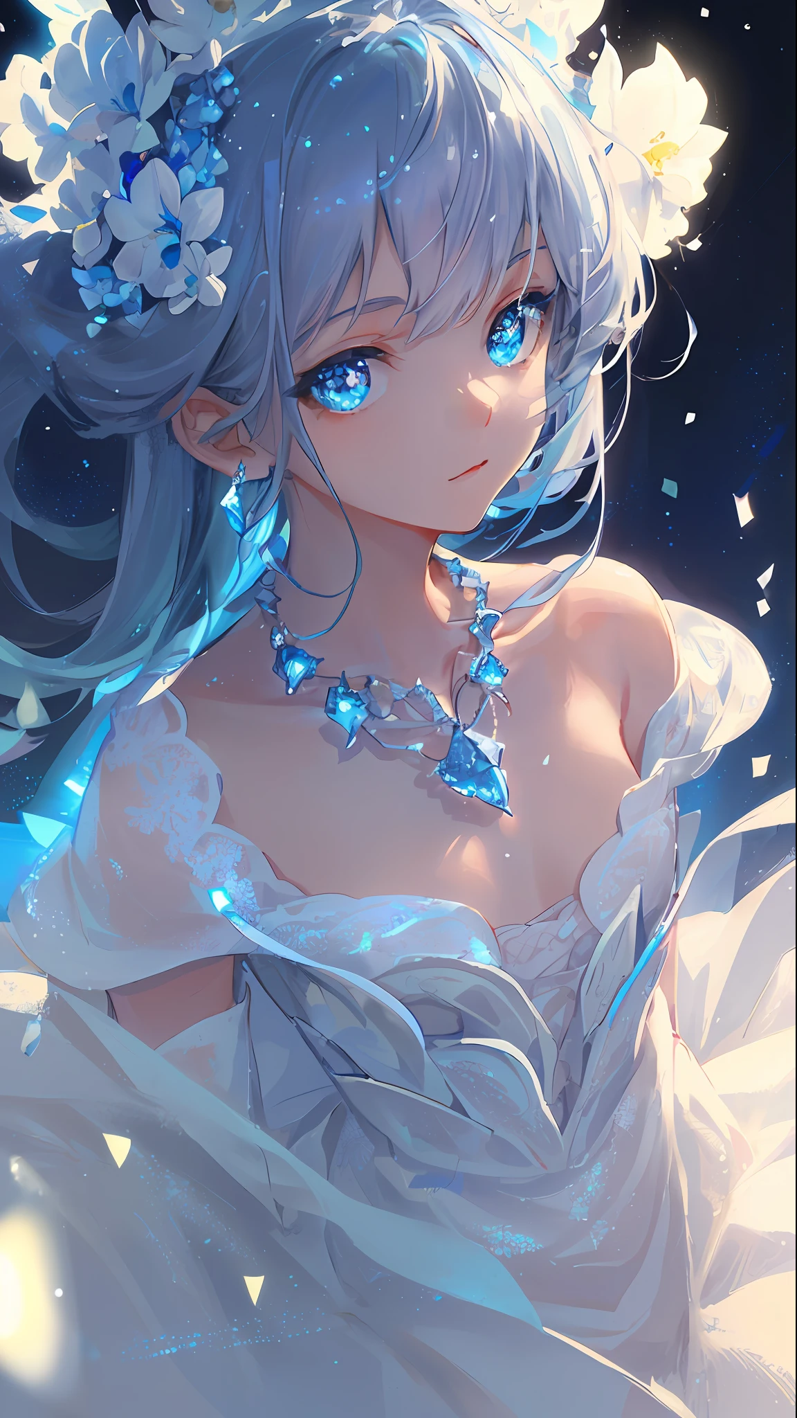 masterpiece, best quality, illustration, sax blue, platinum earrings, platinum necklace, white dress, 1girl, cute, (dynamic lighting:1.2), cinematic lighting, delicate facial features, detailed eyes, sharp pupils, realistic pupils, depth of field, bokeh, sharp focus, (hyper-detailed, bloom, glow:1.4), many small gems