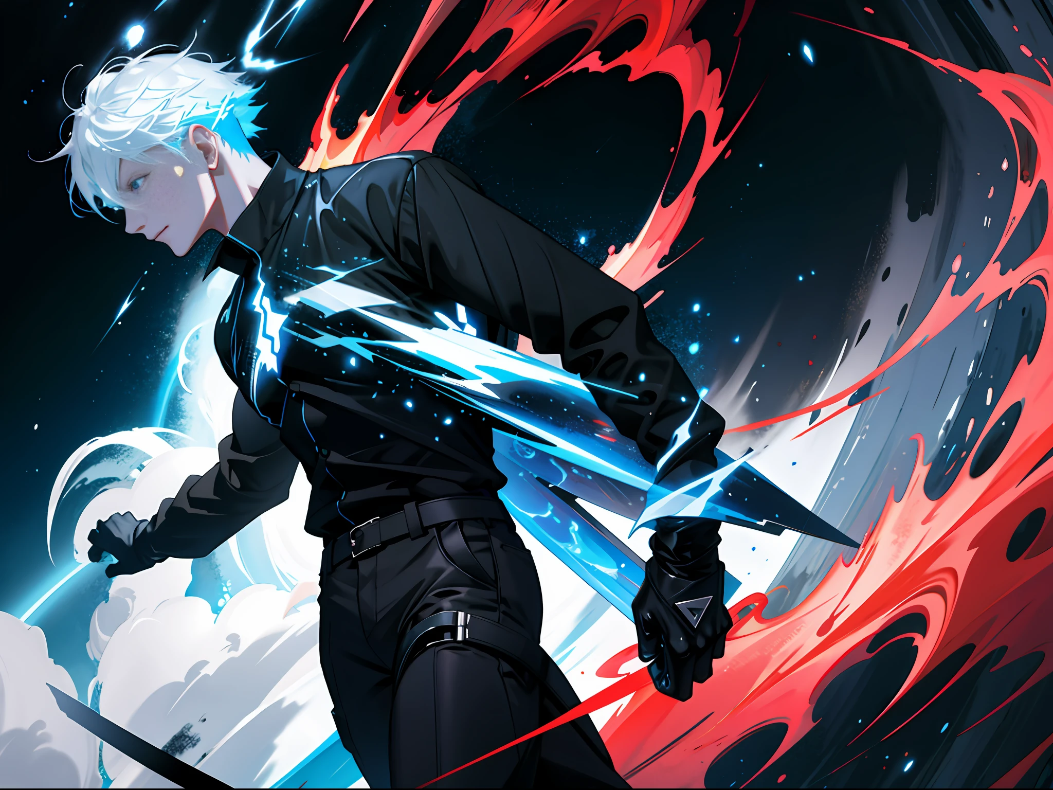 A man with wormhole in his hand and moving forward quickly, short hair dyed white, wearing a black shirt, surrounded by sky and trees, and scattered around blue flames, golden lightning and red lightning, full of dynamic, panoramic picture, impact picture, performance of cinematic multi-angle lighting, in 16K HD to express the details are very rich.
