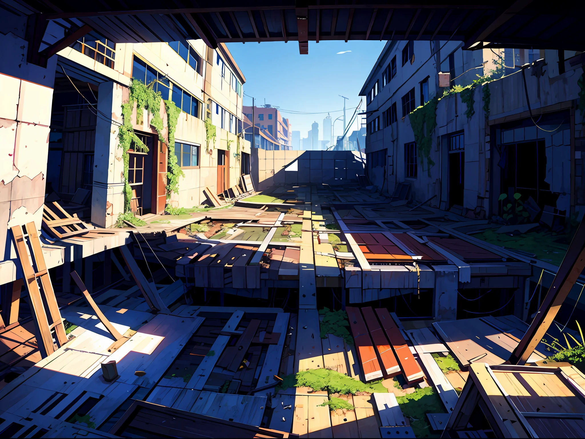 High resolution, highest quality, illustrations, super detailed, dilapidated shipyards, factory buildings