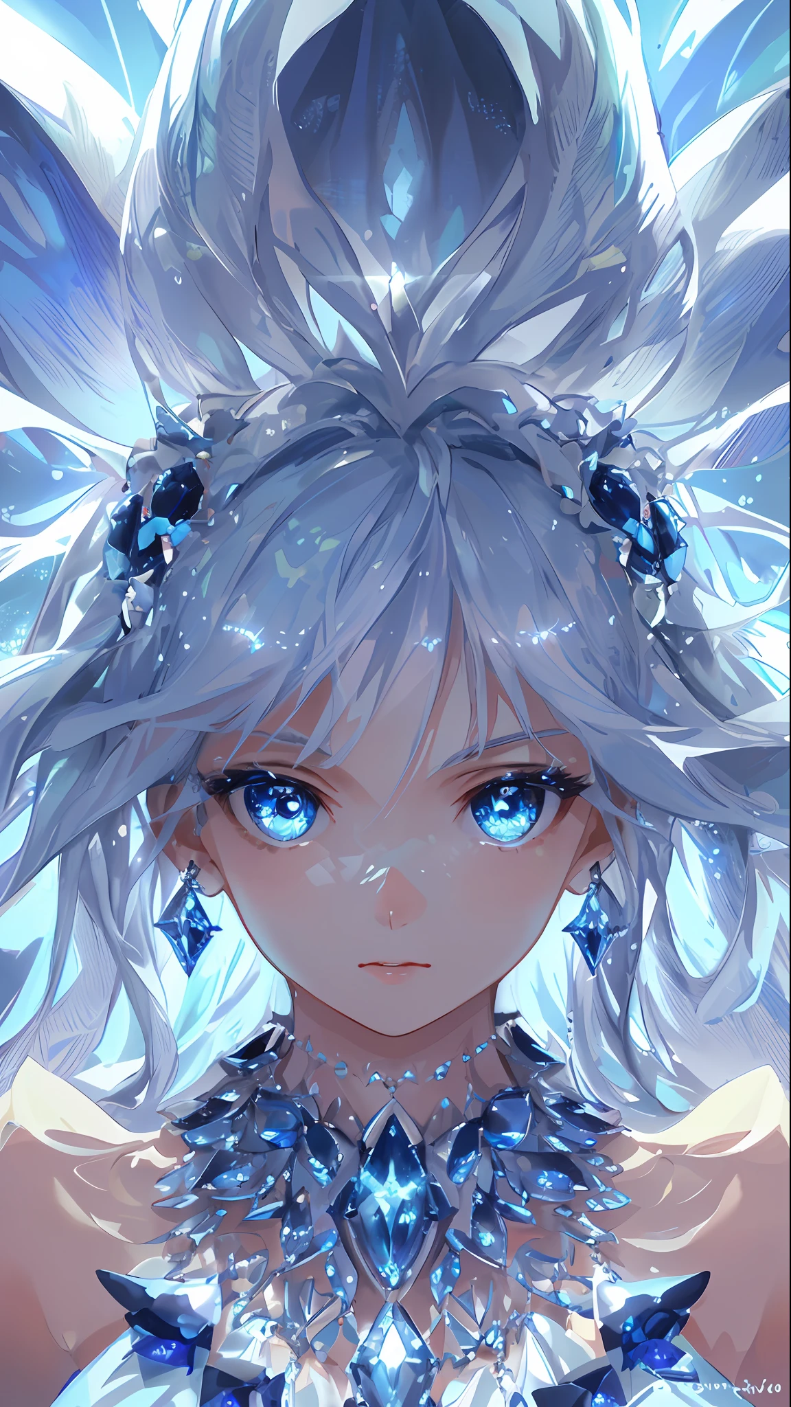 masterpiece, best quality, illustration, sax blue, platinum earrings, platinum necklace, white dress, 1girl, cute, (dynamic lighting:1.2), cinematic lighting, delicate facial features, detailed eyes, sharp pupils, realistic pupils, depth of field, bokeh, sharp focus, (hyper-detailed, bloom, glow:1.4), many small gems
