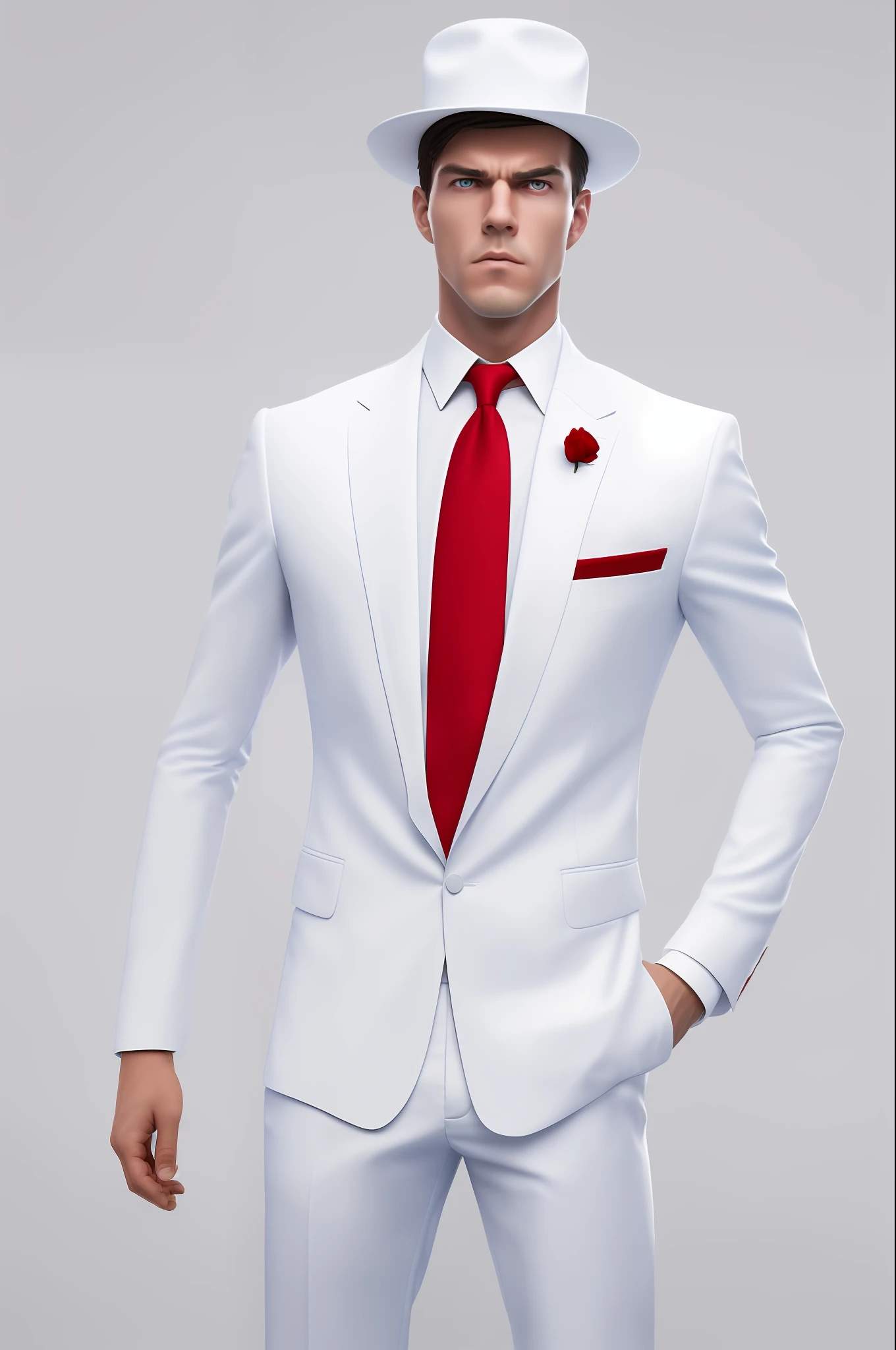 female figure, white suit, red tie, white hat, action shot, solo, (1boy:1.3), (male model:1.3), male, male, dynamic pose, flawless, RAW, shoulder focus, medium close-up, shoulders up, flat background, model photography, on display, high detail, insane detail, (standing on base:1.3), background is cabinet, depth of field