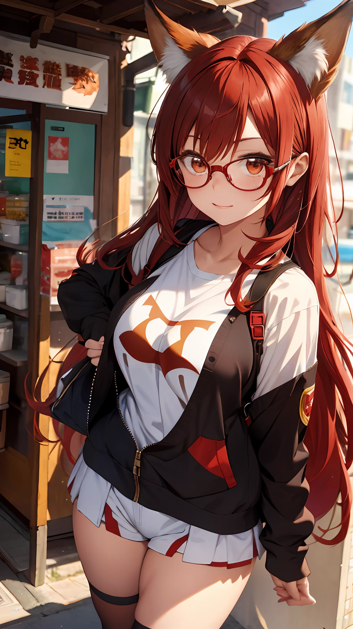 Red hair, brunette, brown eyes, short, cold clothing, horn, clip, round glasses, solo, neko, fox ear, fox tail, red tail, red ear, angel wings, female, big boobs,