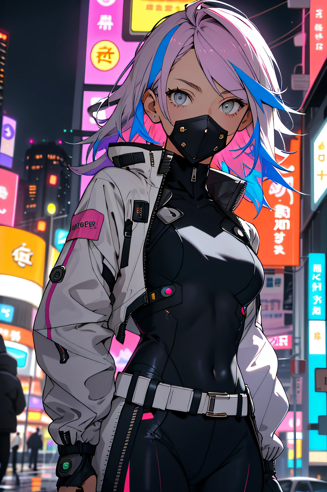 portrait, 1 girl, beautiful face, asymmetrical hair, multi-colored hair, belt, bodysuit, covered mouth, covered navel, detached sleeves, grey eyes, hip vent, open jacket, cute, look at viewer, night city, neon, rainy,