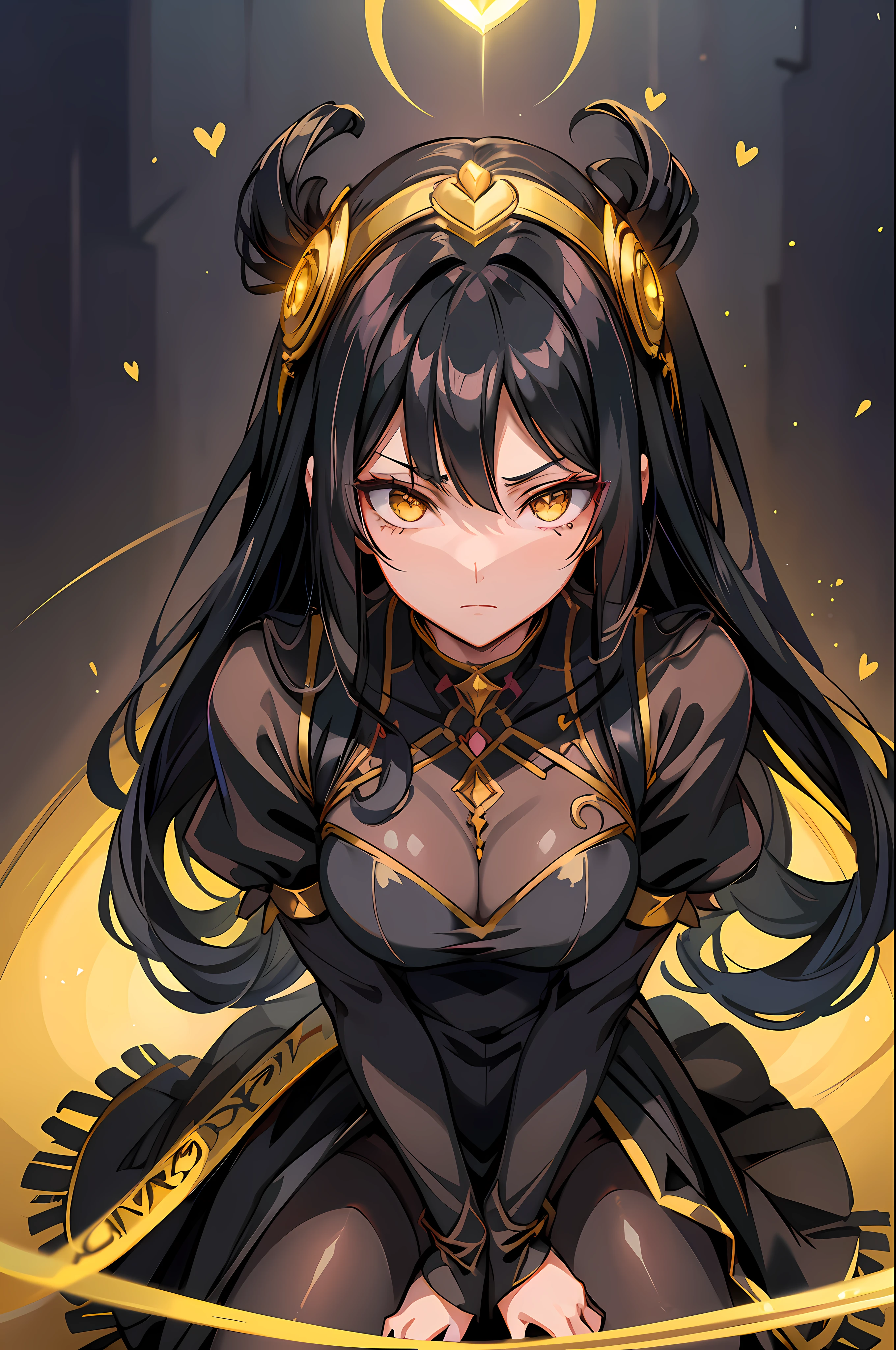 anime image of a woman with long black hair and yellow eyes, vanitas, black anime pupils in her eyes, close up of a young anime gir, cel shaded anime, with glowing yellow eyes, close up, anime still image, anime still, full body, black pantyhose, leg slit dress, Long dress, shining yellow eyes, heart shaped pupils