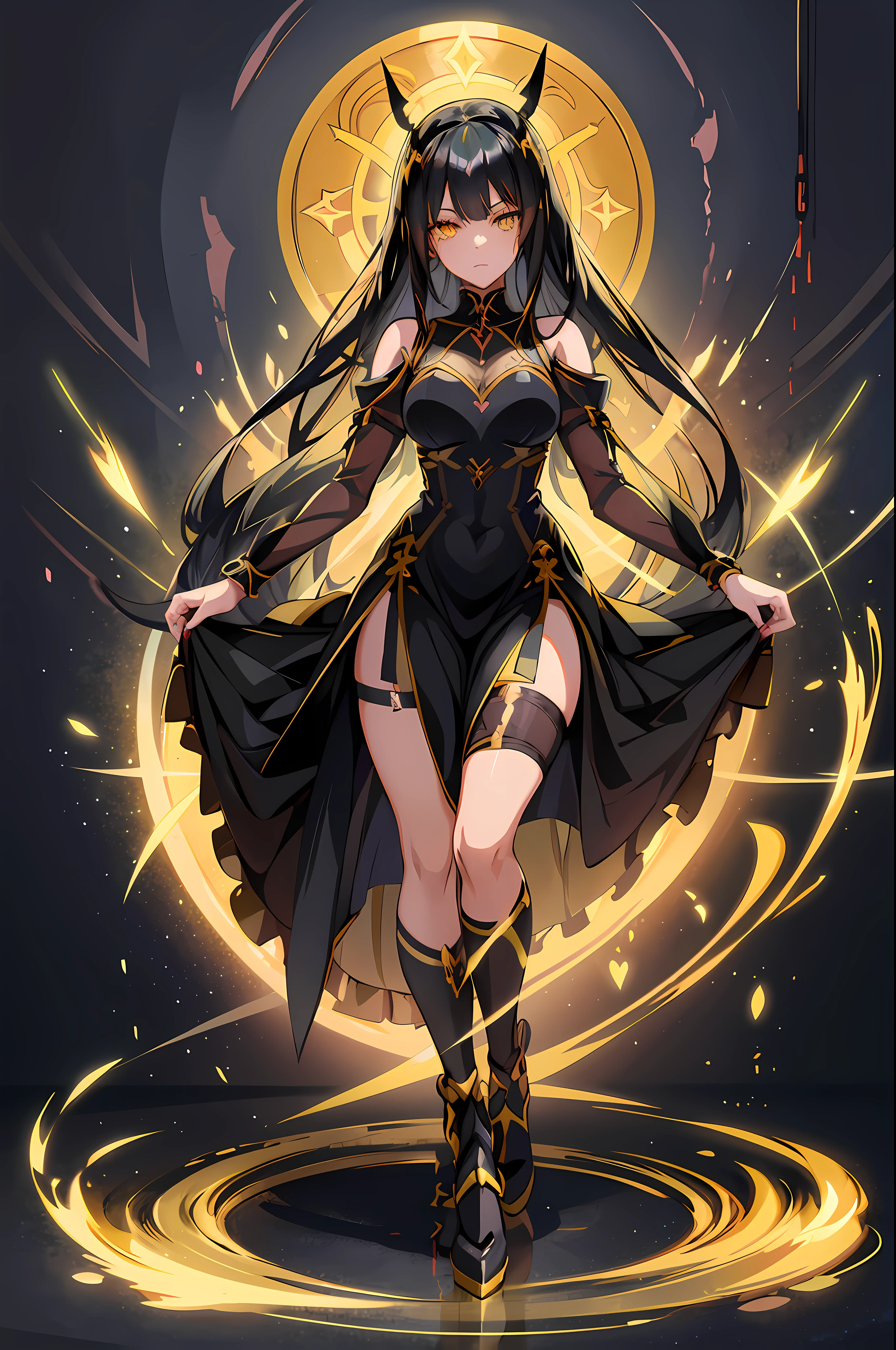 anime image of a woman with long black hair and yellow eyes, vanitas, black anime pupils in her eyes, close up of a young anime gir, cel shaded anime, with glowing yellow eyes, close up, anime still image, anime still, full body, black pantyhose, leg slit dress, Long dress, shining yellow eyes, heart shaped pupils