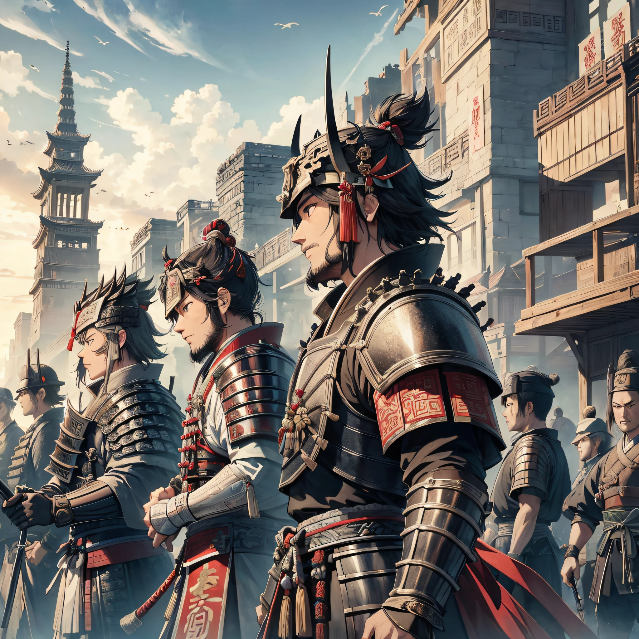 Absurd resolution, high resolution, (masterpiece: 1.4), hyper-detail, ancient Chinese, a group of samurai in armor (1.3), roar (1.2), battle, dusk, city walls