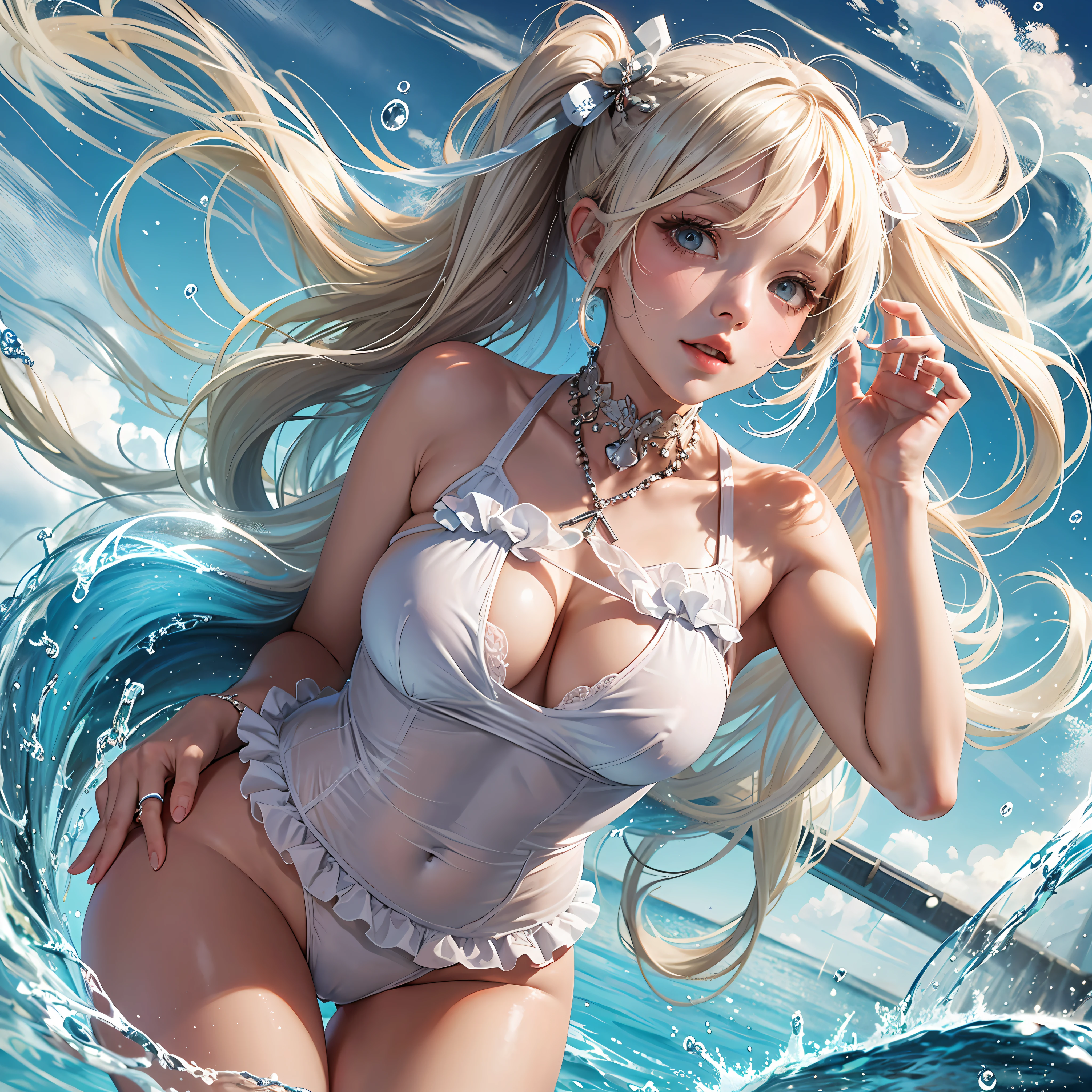 Beautiful girl white string swimsuit twin tail curl big sandy, --auto --s2