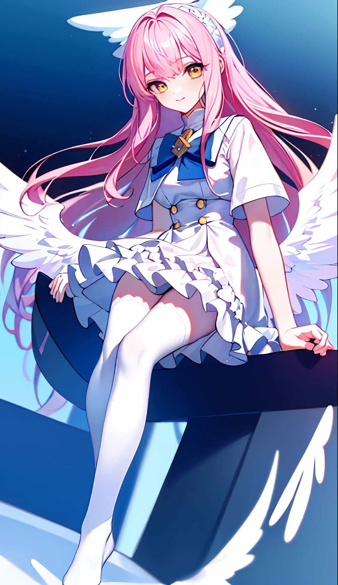 Masterpiece, Top Quality, 8K Animation, Detailed Fingers, Precise Fingers, Non-Unnatural Hands, Illustration, 1 Girl, Solo, Long Pink Hair, Short Sleeved White Dress, Yellow Eyes, White Knee Socks, Saggy Eyes, MIKA