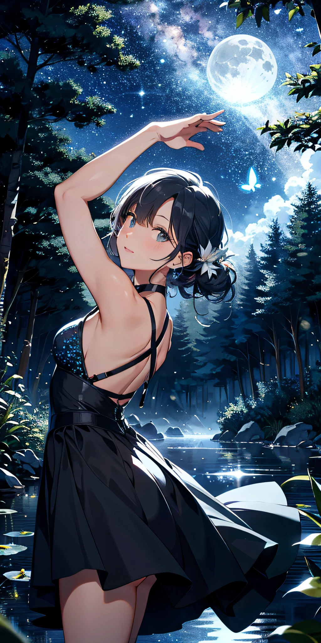The night sky, the bright starry sky, the misty moon and the Milky Way, floating butterflies, twinkling stars, willows dancing, a forest quietly surrounded.