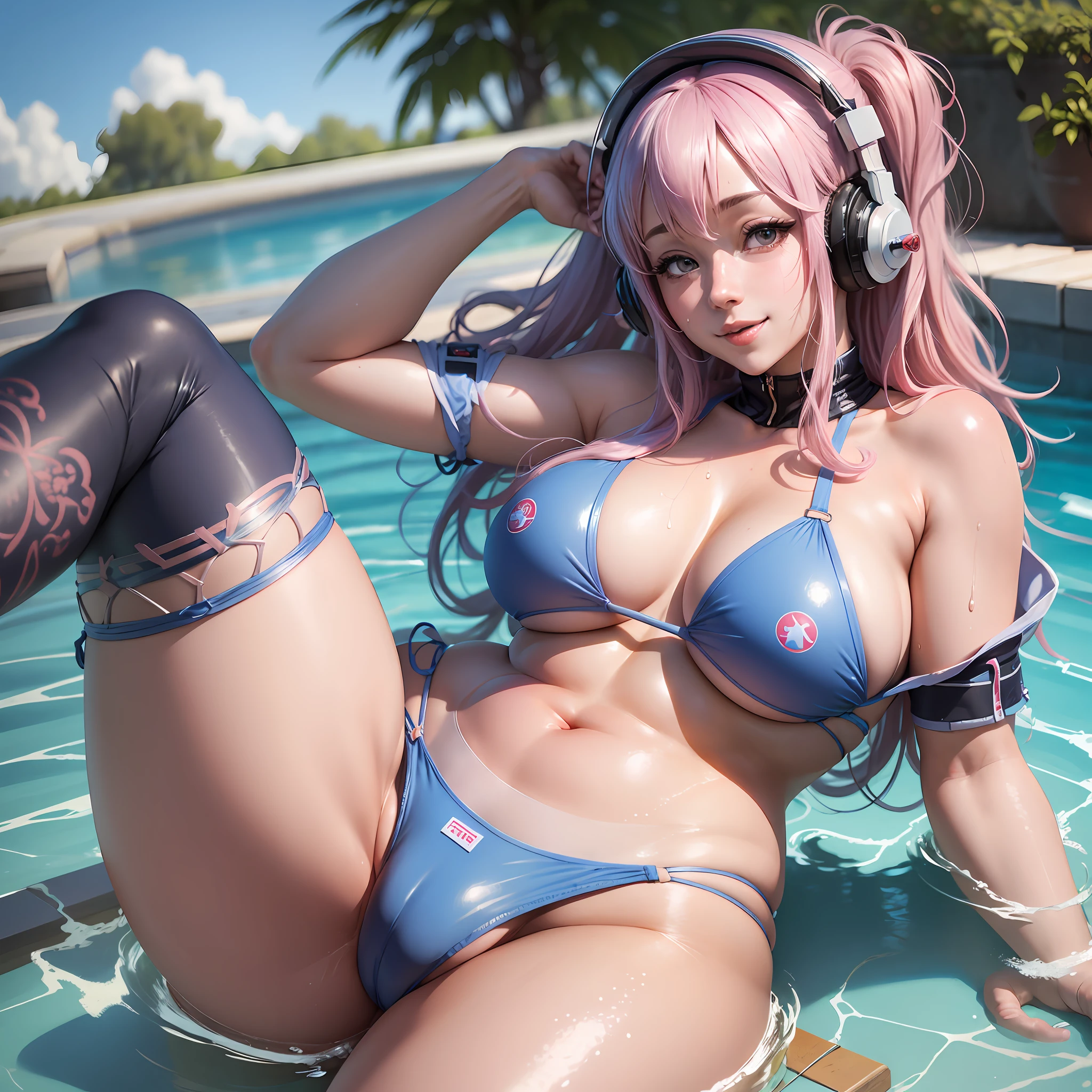 High precision, realistic, realistic blue sky, realistic pool, super_sonico, alone, too big big, big ass, plump thighs, micro bikini, wet skin, wet crotch, smile, drooping eyes, big red eyes, pale pink hair, white skin, bright sunlight, open legs pose, wet crotch, bitten crotch, nipple enhancement, crotch enhancement, sheer --auto --s2