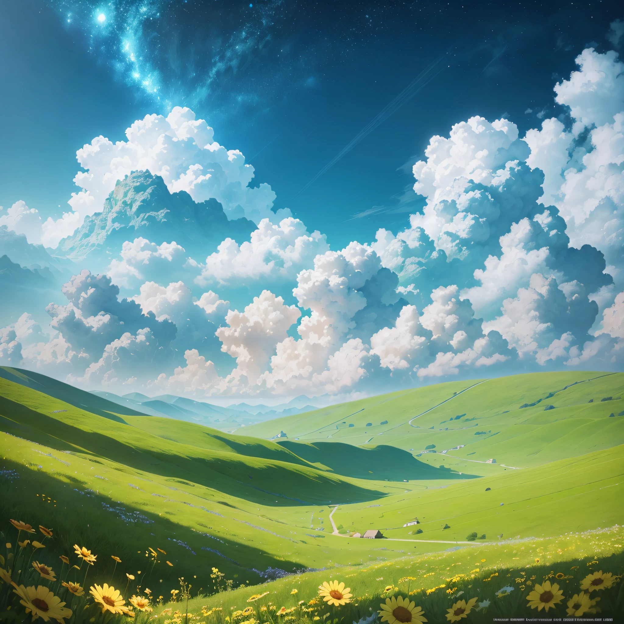Summer, meadows, heavenly views, large clouds, blue skies, hot weather, green field, a small village far away, HD detail, wet watermarks, hyper-detail, cinematic, surrealism, anime, soft light, deep field focus bokeh, ray tracing, and surrealism. --auto --v6 --s2