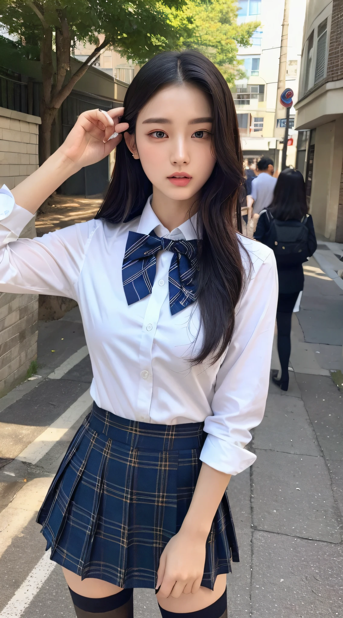 ((Top quality, 8k, Masterpiece: 1.3)), beauty, hidden face, 1 girl, beauty: 1.3, slender abs: 1.1, Japanese high school uniform, pure white shirt, full chest, dark blue plaid short skirt, bow tie, over-the-knee socks, long black hair, (standing in the old street), super detailed face, highly detailed lips, detailed eyes, double eyelids, strict head and body proportions, detailed shirt buttons, detailed hand details